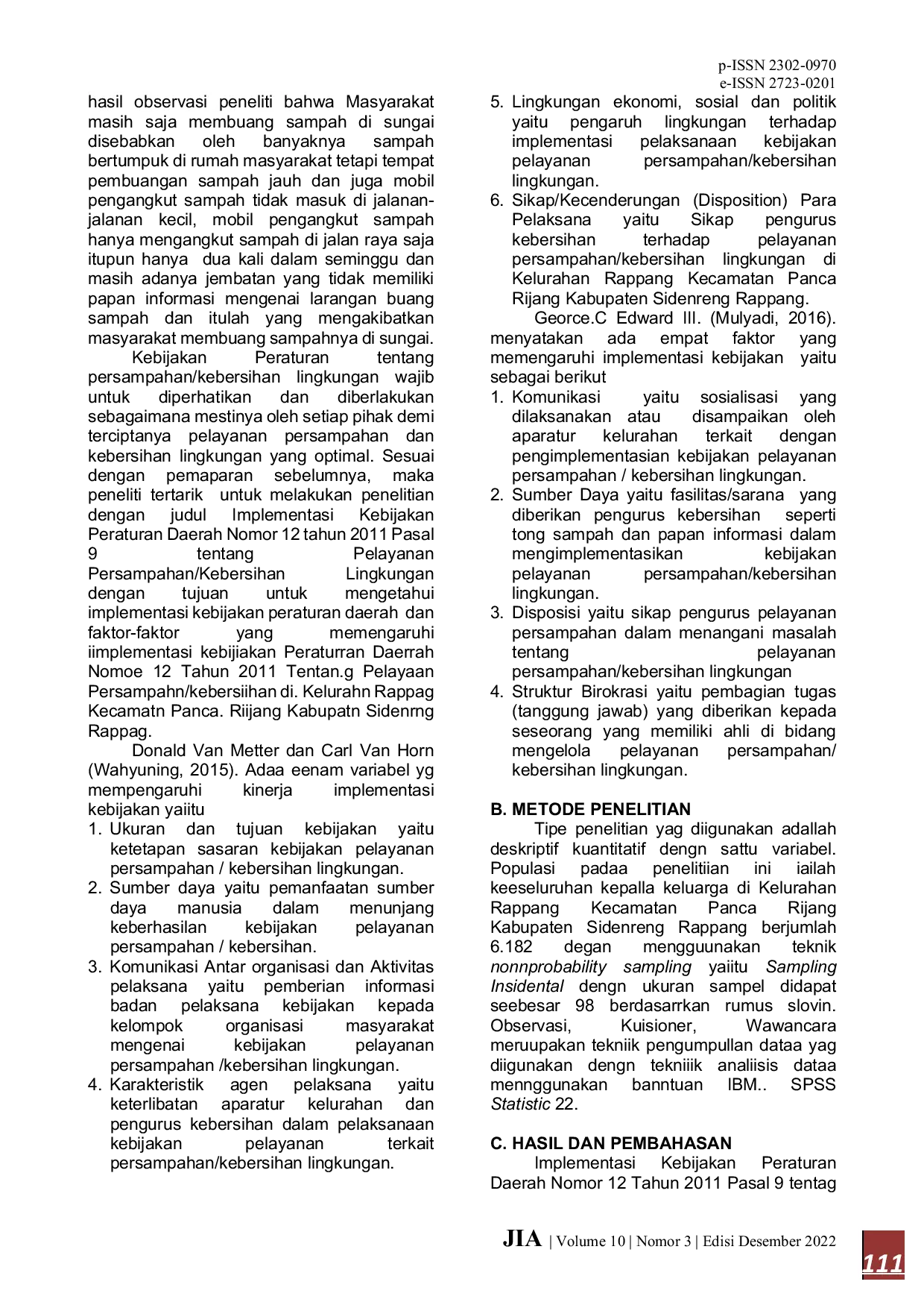 JURIS Implementasi Kebijakan Tentang Pelayanan Persampahan Kebersihan Kabupaten Sidenreng Rappang