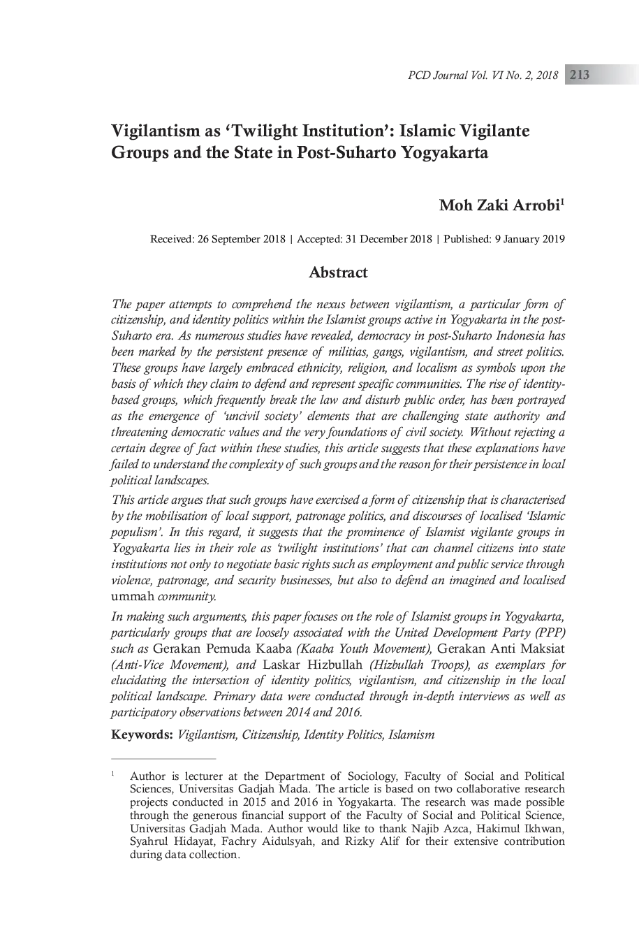 JURIS Vigilantism as Twilight Institution Islamic Vigilante Groups and the State in Post Suharto Yogyakarta