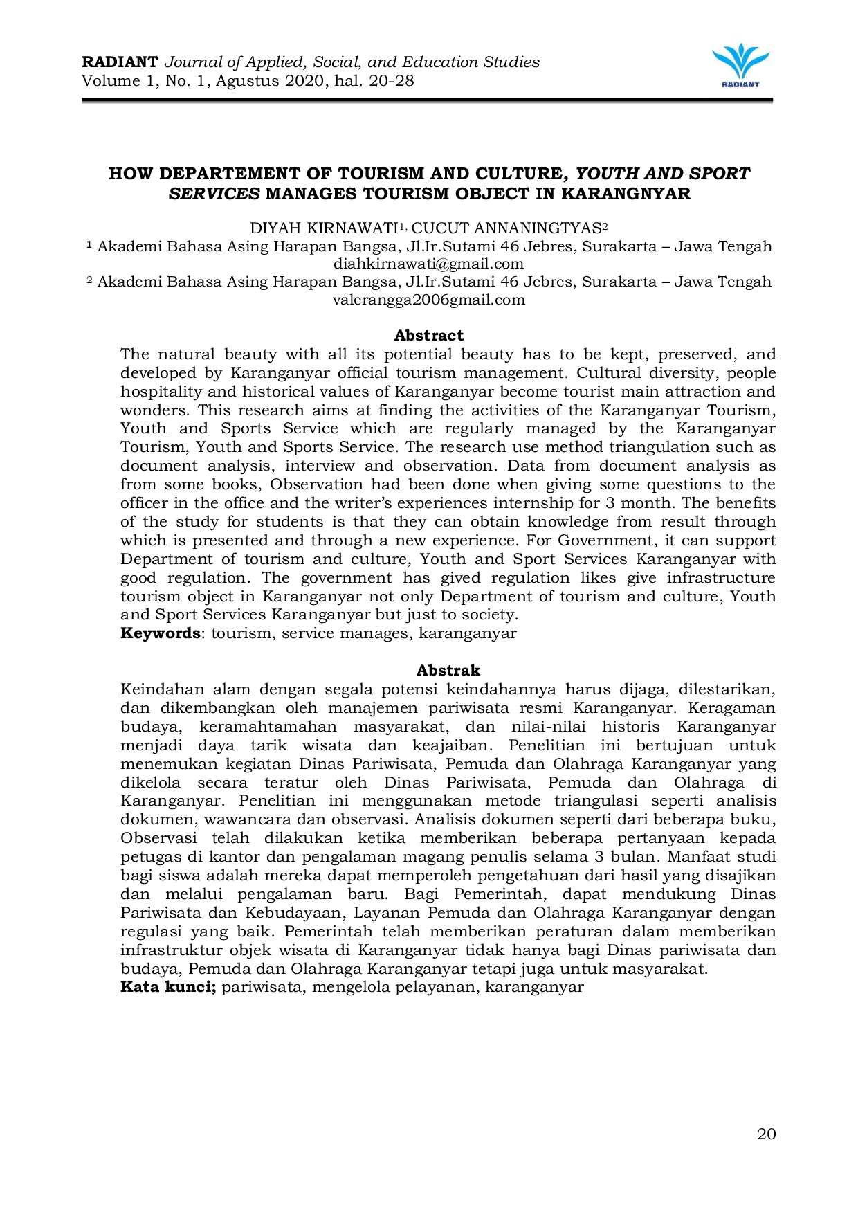 JURIS Pengurusan Objek Wisata Oleh Dinas Pariwisata Pemuda Dan Olahraga Kabupaten Karanganyar