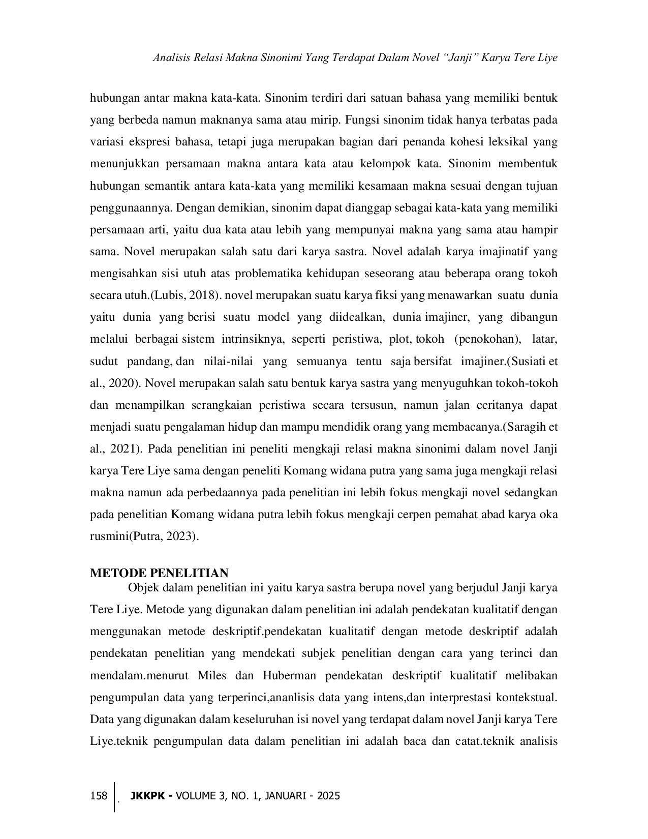 JURIS Analisis Relasi Makna Sinonimi Yang Terdapat Dalam Novel Janji Karya Tere Liye