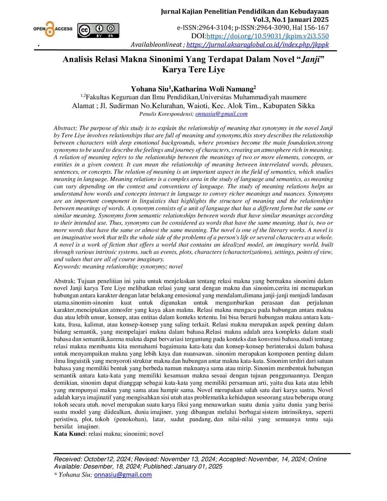 JURIS Analisis Relasi Makna Sinonimi Yang Terdapat Dalam Novel Janji Karya Tere Liye