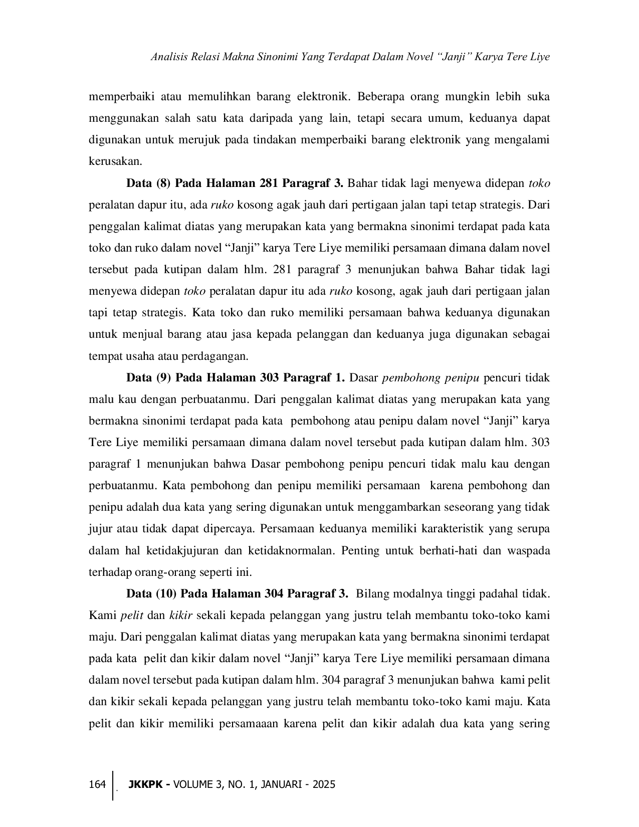 JURIS Analisis Relasi Makna Sinonimi Yang Terdapat Dalam Novel Janji Karya Tere Liye