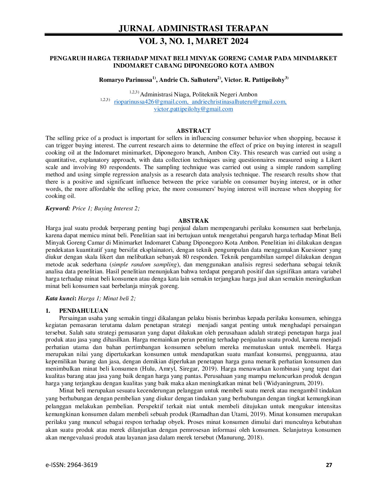 JURIS Pengaruh Harga Terhadap Minat Beli Minyak Goreng Camar Pada Minimarket Indomaret Cabang Diponegoro Kota Ambon