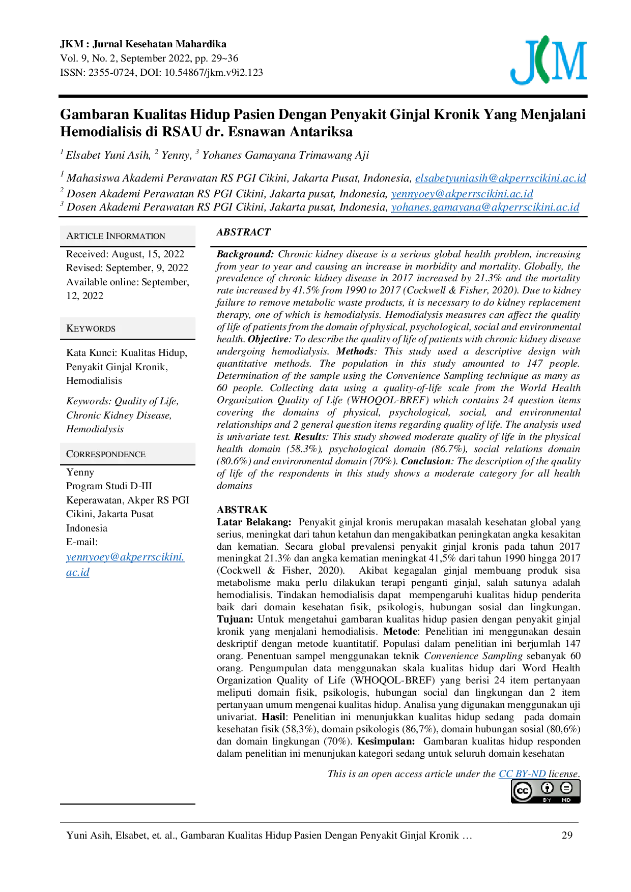 JURIS Gambaran Kualitas Hidup Pasien Dengan Penyakit Ginjal Kronik Yang Menjalani Hemodialisis Di RSAU dr Esnawan Antariksa
