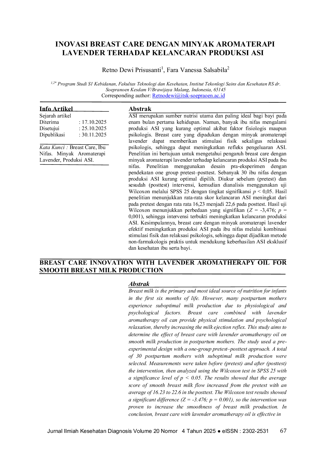 JURIS Inovasi Breast Care Dengan Minyak Aromaterapi Lavender Terhadap Kelancaran Produksi ASI