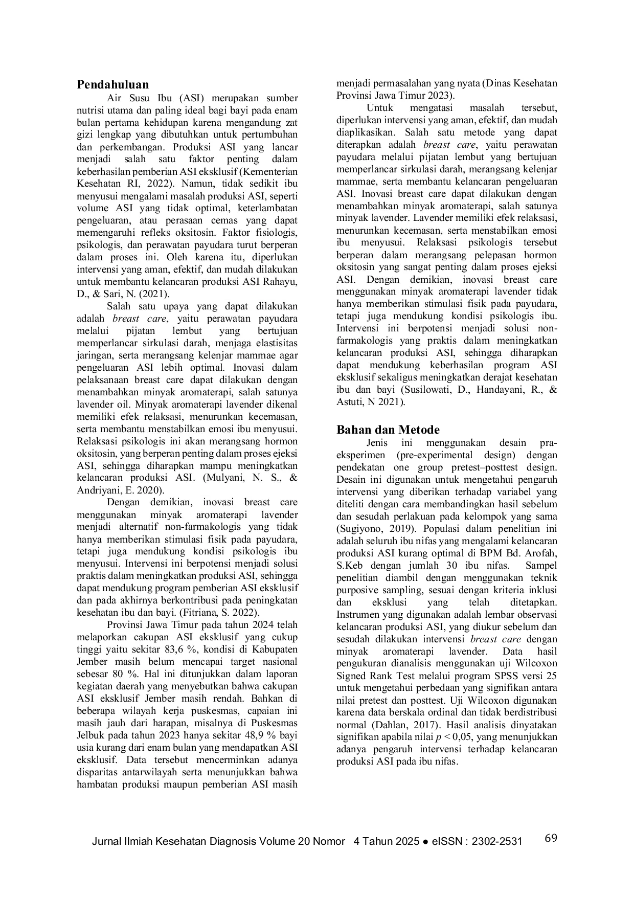 JURIS Inovasi Breast Care Dengan Minyak Aromaterapi Lavender Terhadap Kelancaran Produksi ASI