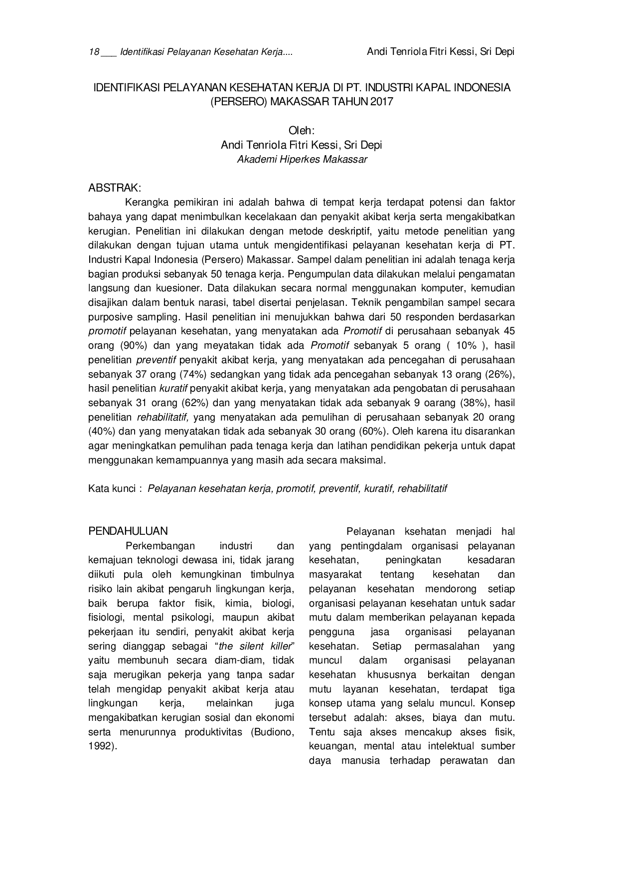 JURIS IDENTIFIKASI PELAYANAN KESEHATAN KERJA DI PT INDUSTRI KAPAL INDONESIA PERSERO MAKASSAR TAHUN 2017
