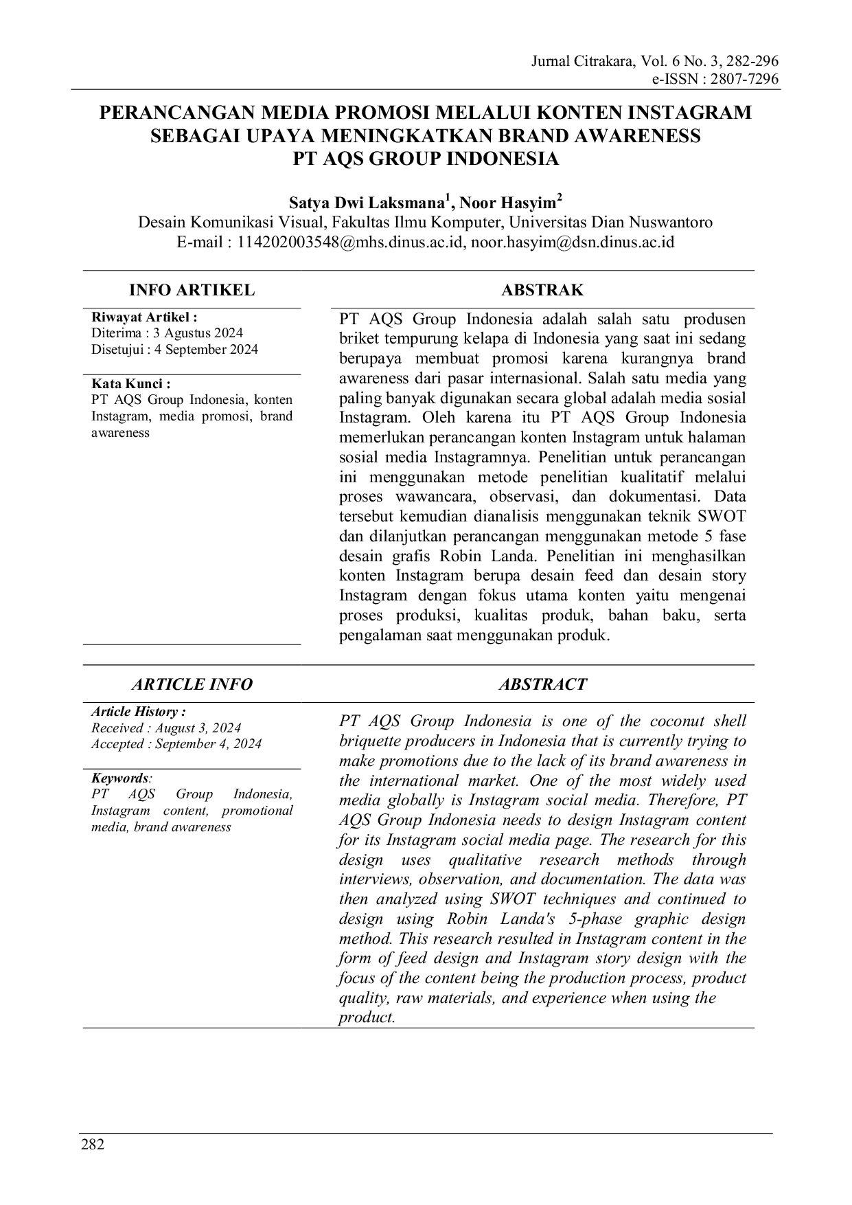 JURIS Perancangan Media Promosi Melalui Konten Instagram Sebagai Upaya Meningkatkan Brand Awareness PT AQS Group Indonesia