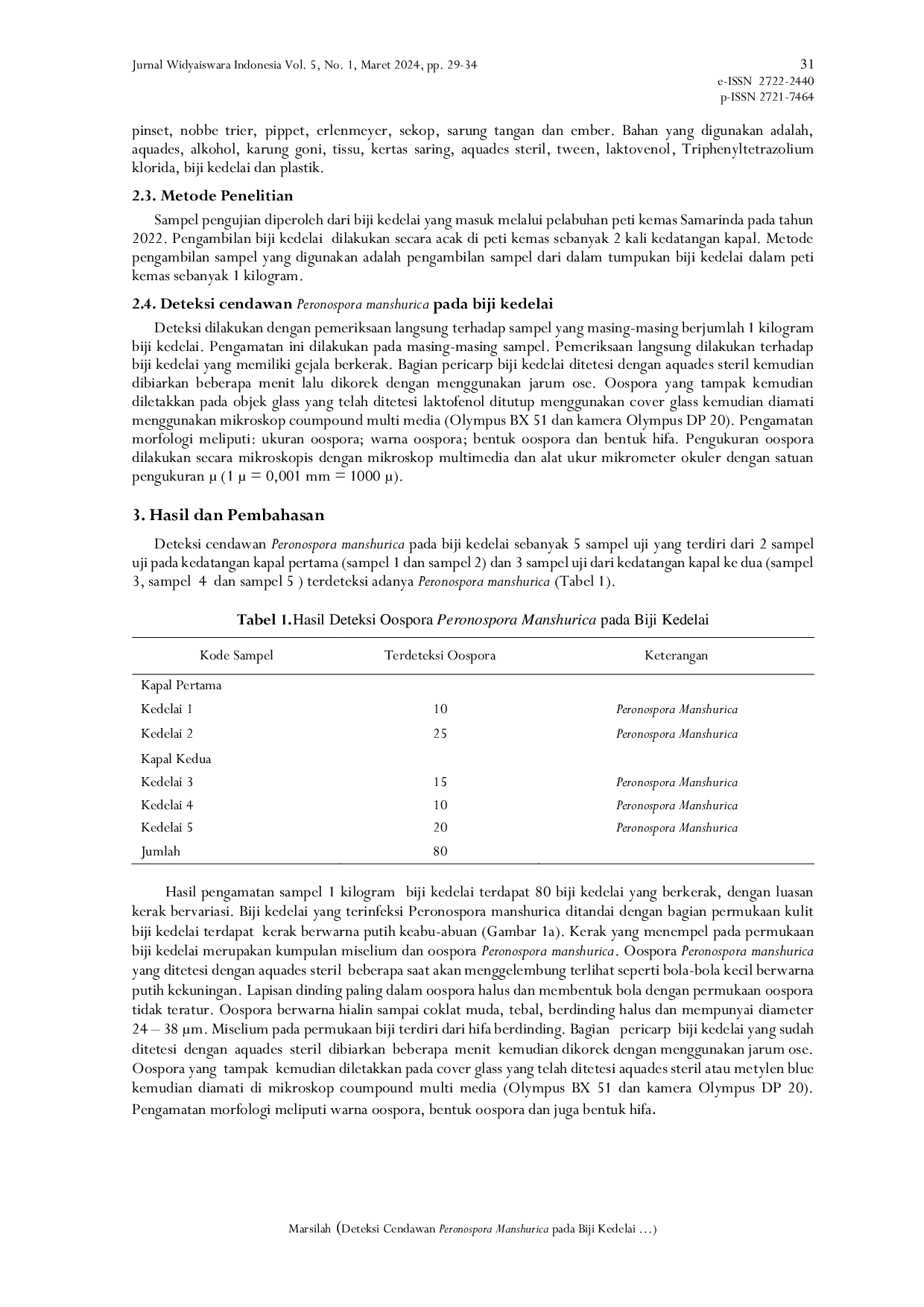 JURIS Deteksi Cendawan Peronospora Manshurica pada Biji Kedelai Glycine Max di Samarinda