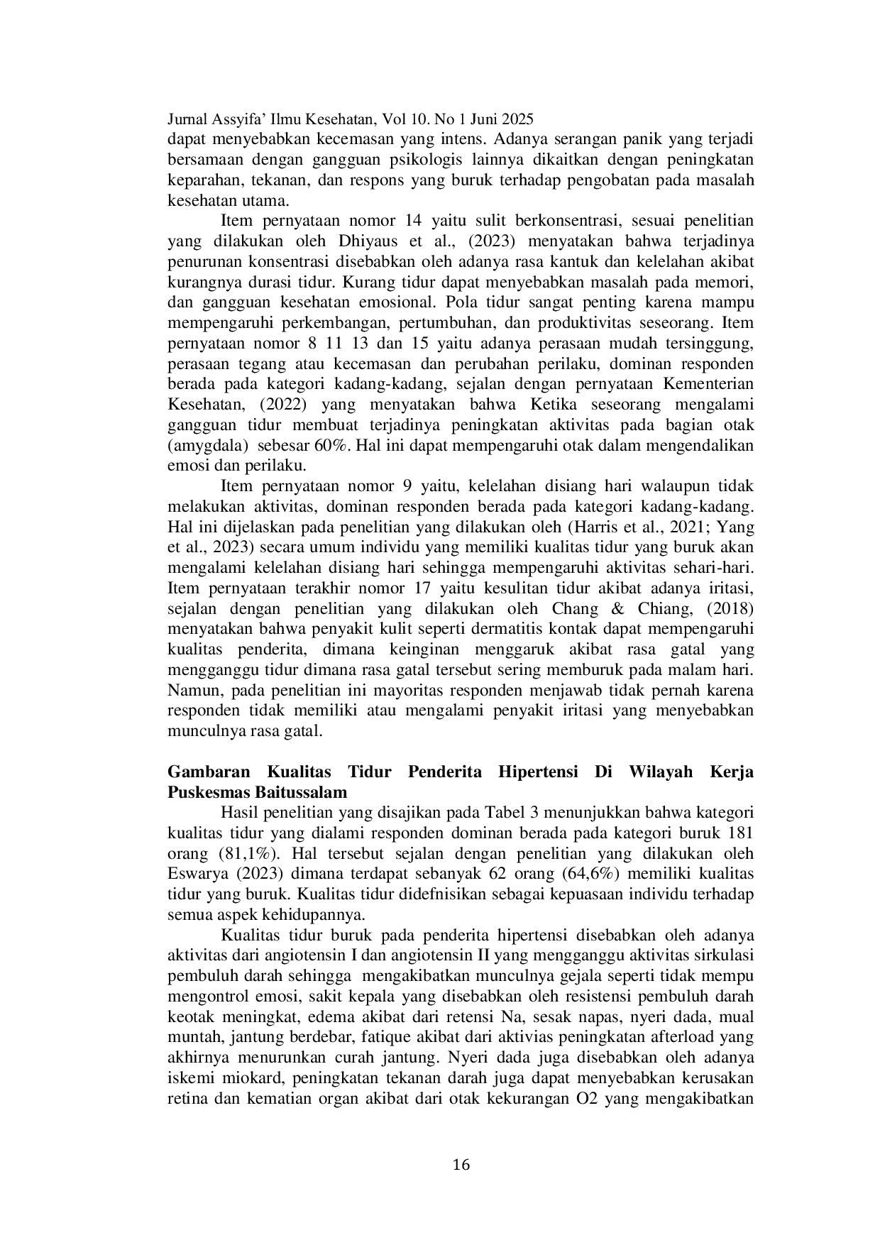 JURIS Gambaran Kualitas Tidur Pada Penderita Hipertensi Di Wilayah Kerja Puskesmas Baitussalam