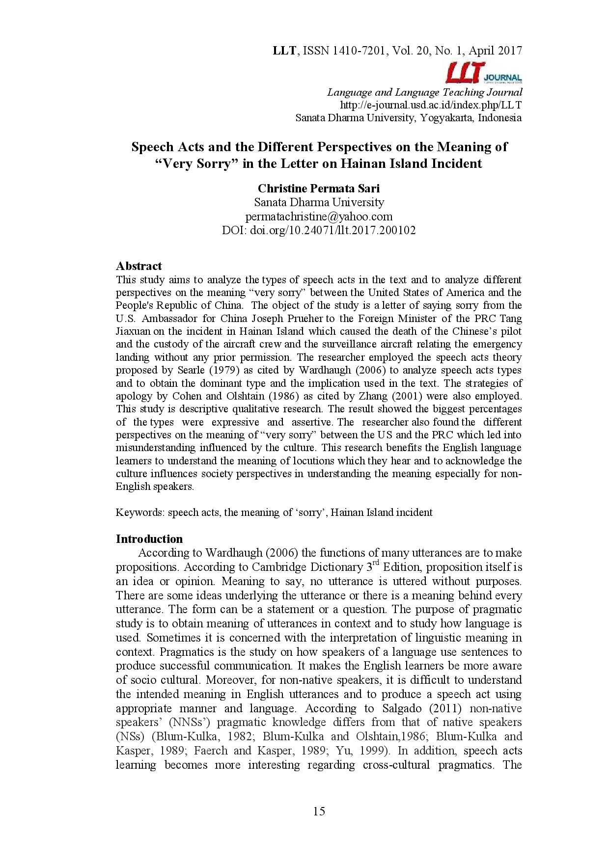 juris Speech Acts and the Different Perspectives on the Meaning of Very Sorry in the Letter on Hainan Island Incident