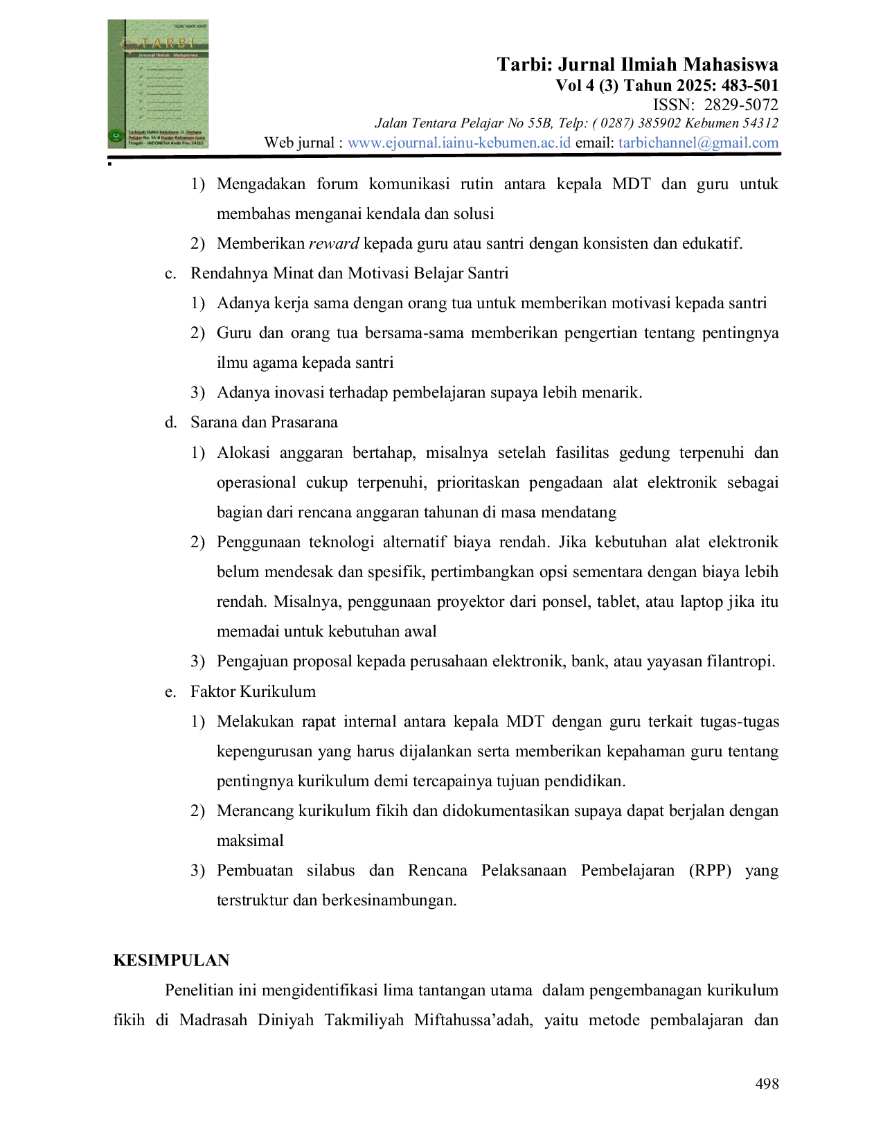 JURIS Tantangan Pengembangan Kurikulum Fikih Pada Madrasah Diniyah Takmiliyah Miftahussa adah Desa Banjarwinangun Petanahan