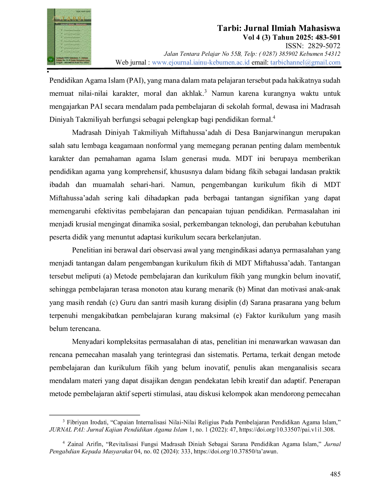 JURIS Tantangan Pengembangan Kurikulum Fikih Pada Madrasah Diniyah Takmiliyah Miftahussa adah Desa Banjarwinangun Petanahan