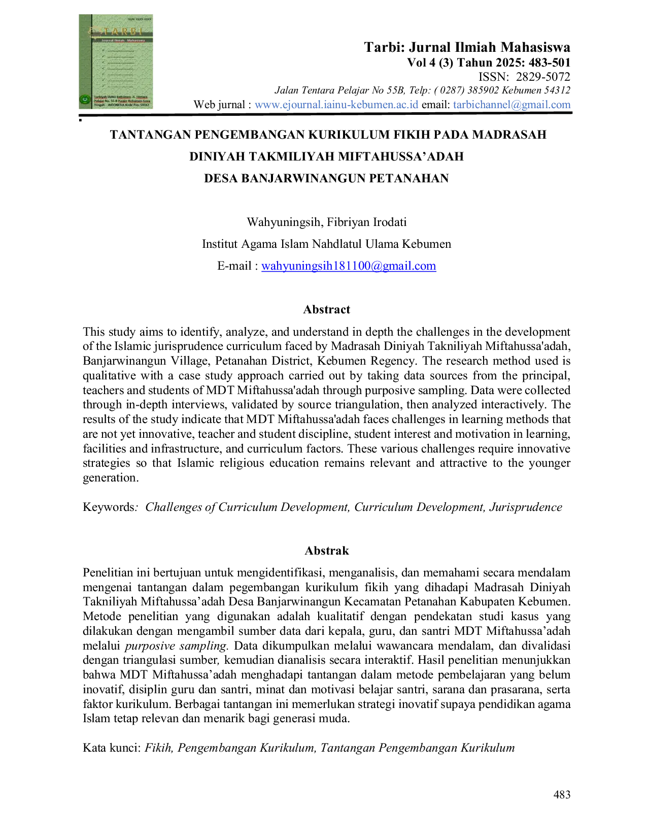 JURIS Tantangan Pengembangan Kurikulum Fikih Pada Madrasah Diniyah Takmiliyah Miftahussa adah Desa Banjarwinangun Petanahan