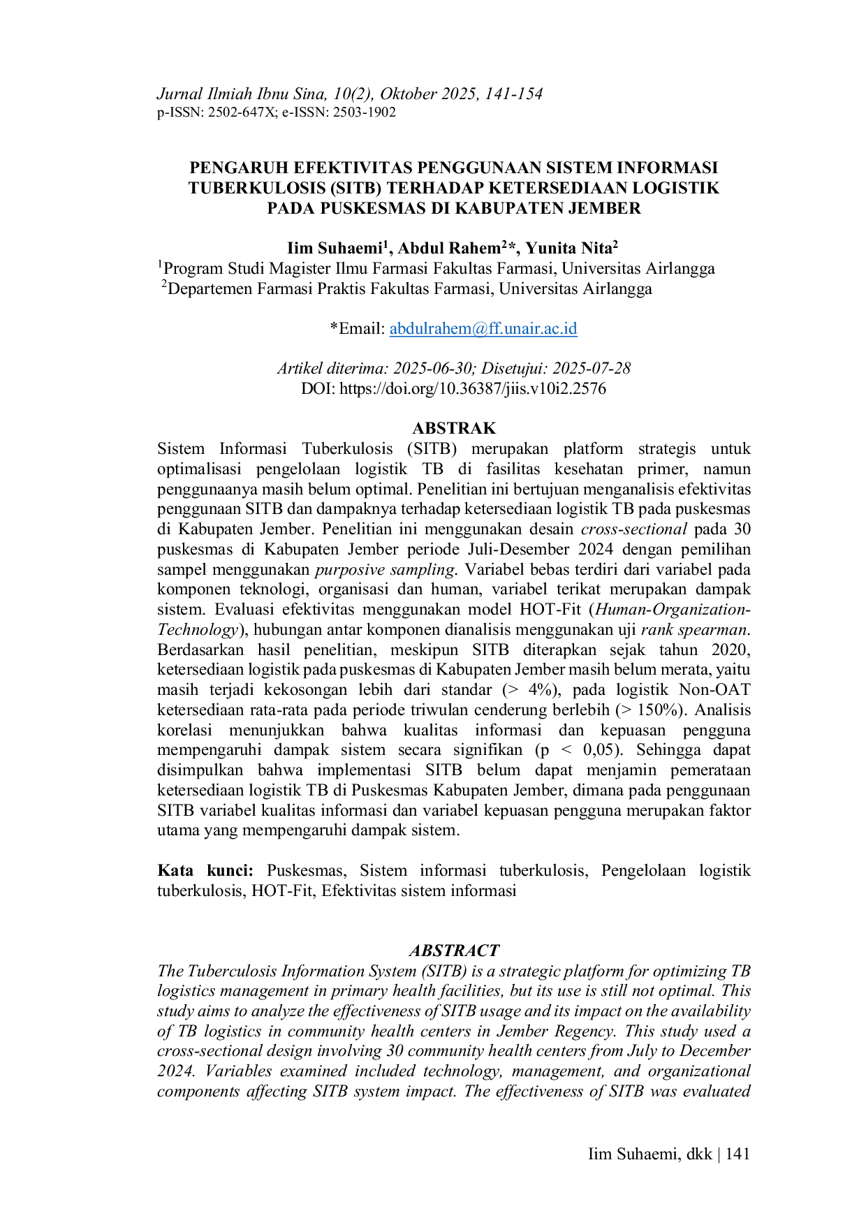 JURIS The Effectiveness of Using the Tuberculosis Information System SITB on the Availability of Logistics in Puskesmas in Jember Regency