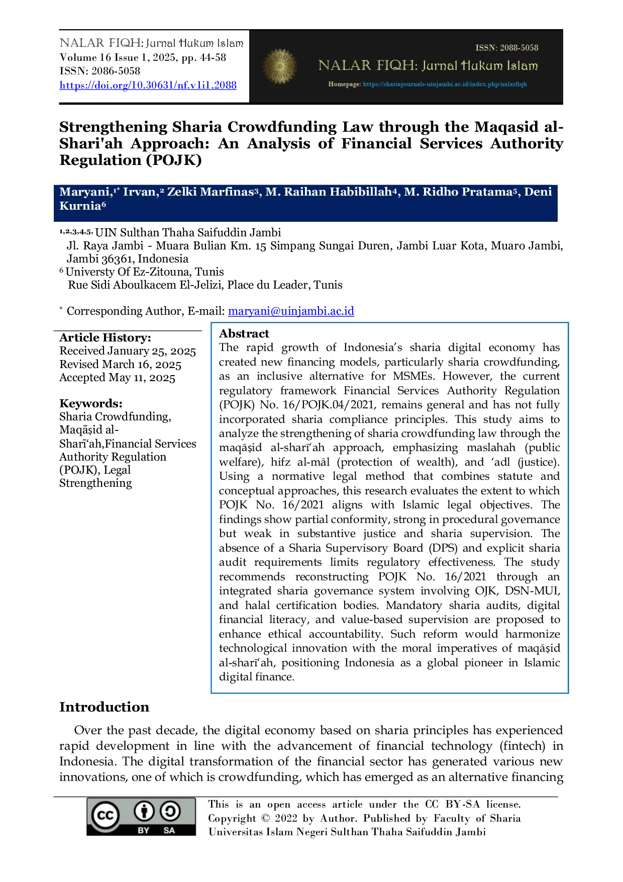 JURIS Strengthening Sharia Crowdfunding Law through the Maqasid al Shari ah Approach An Analysis of Financial Services Authority Regulation POJK