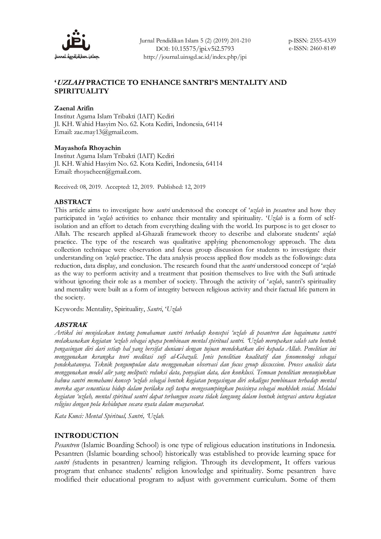 JURIS Uzlah Practice to Enhance Santri s Mentality and Spirituality