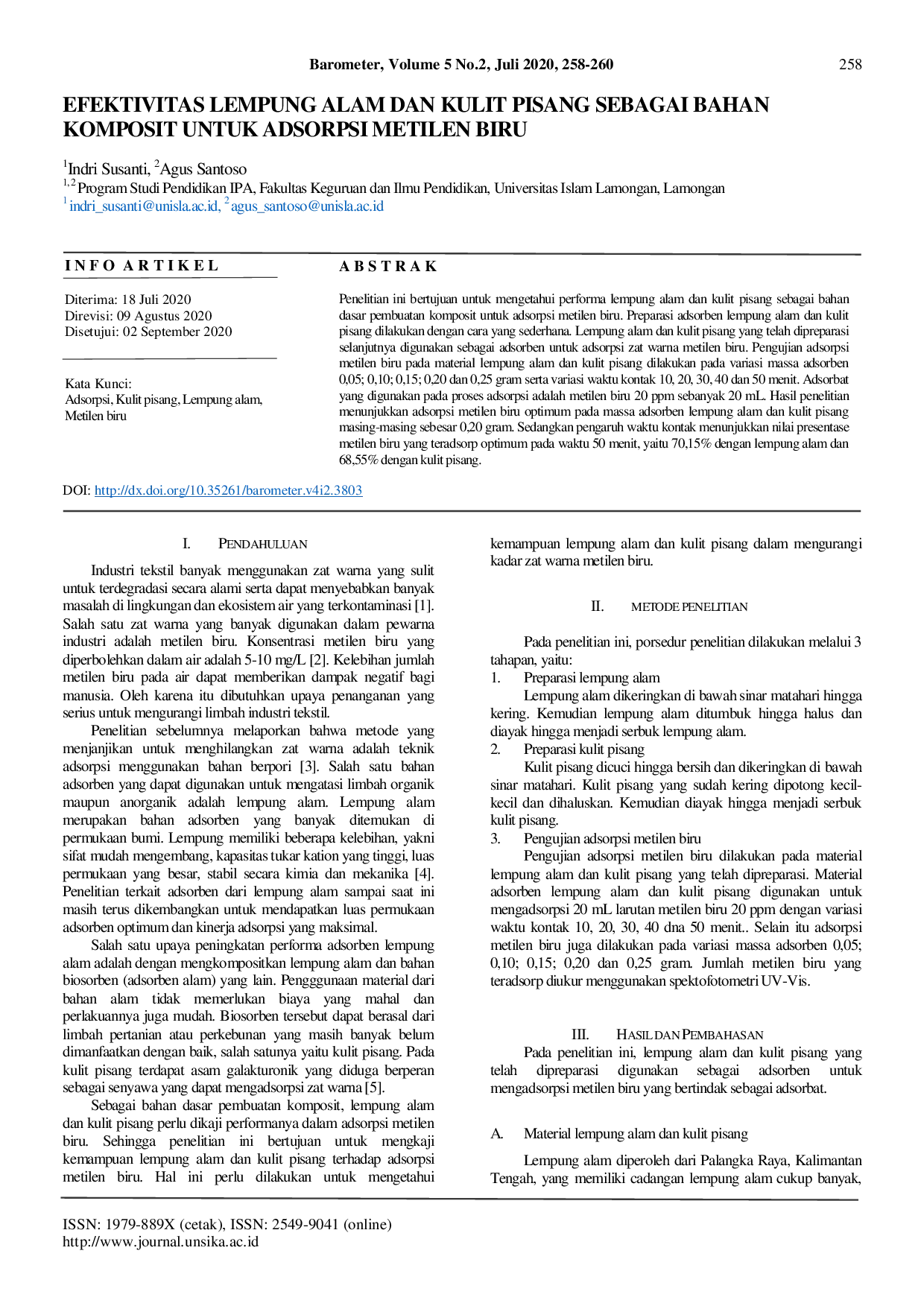 JURIS Efektivitas Lempung Alam Dan Kulit Pisang Sebagai Bahan Komposit Untuk Adsorpsi Metilen Biru