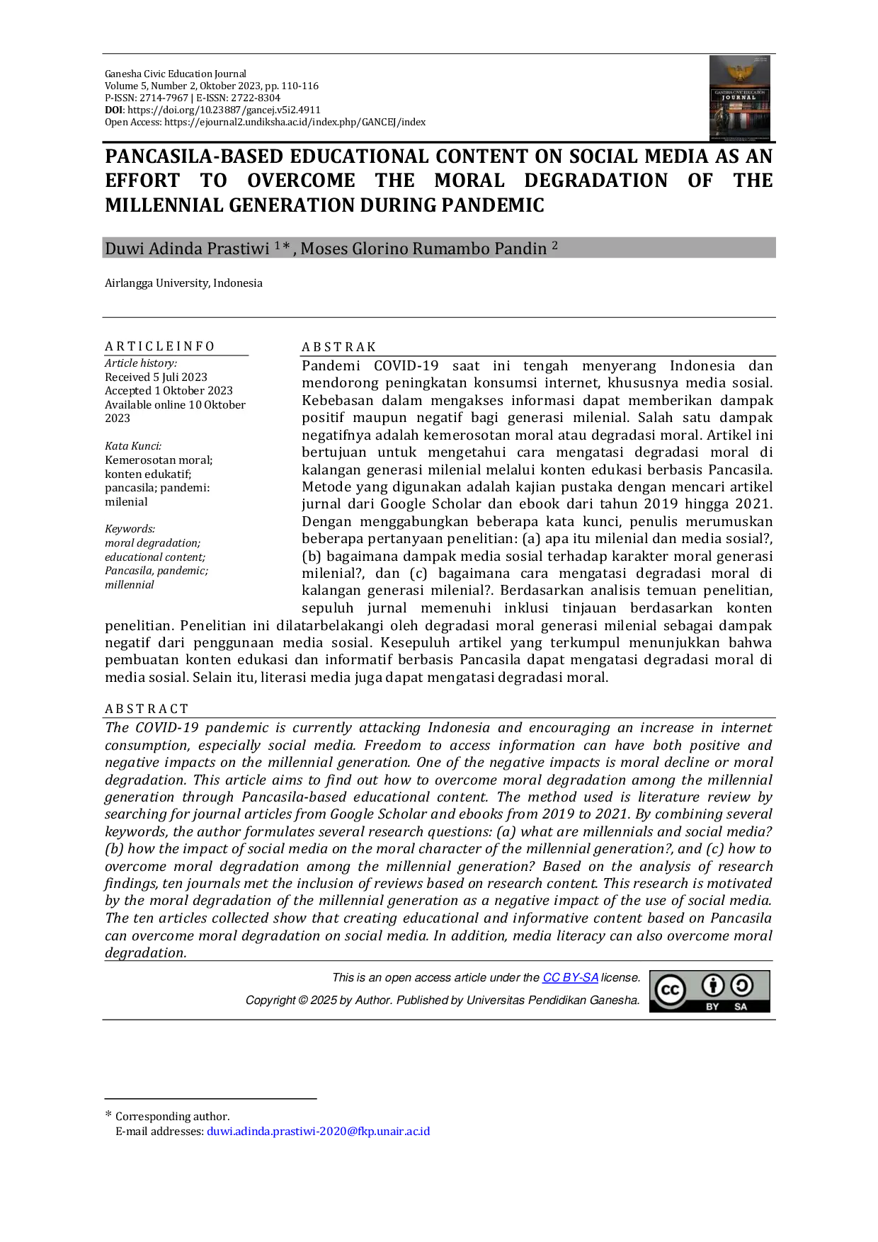 JURIS Pancasila Based Educational Content on Social Media as an Effort to Overcome the Moral Degradation of the Millennial Generation During Pandemic