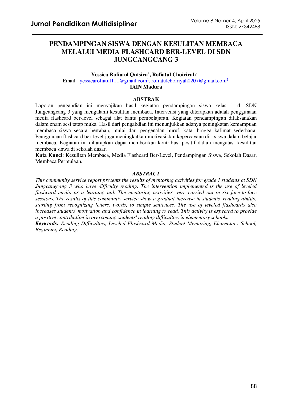 JURIS Pendampingan Siswa Dengan Kesulitan Membaca Melalui Media Flashcard Ber Level Di Sdn Jungcangcang 3