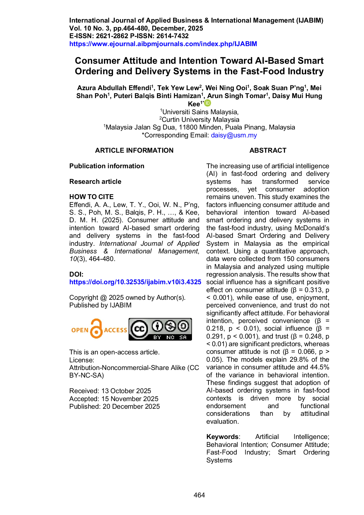JURIS Consumer Attitude and Intention Toward AI Based Smart Ordering and Delivery Systems in the Fast Food Industry