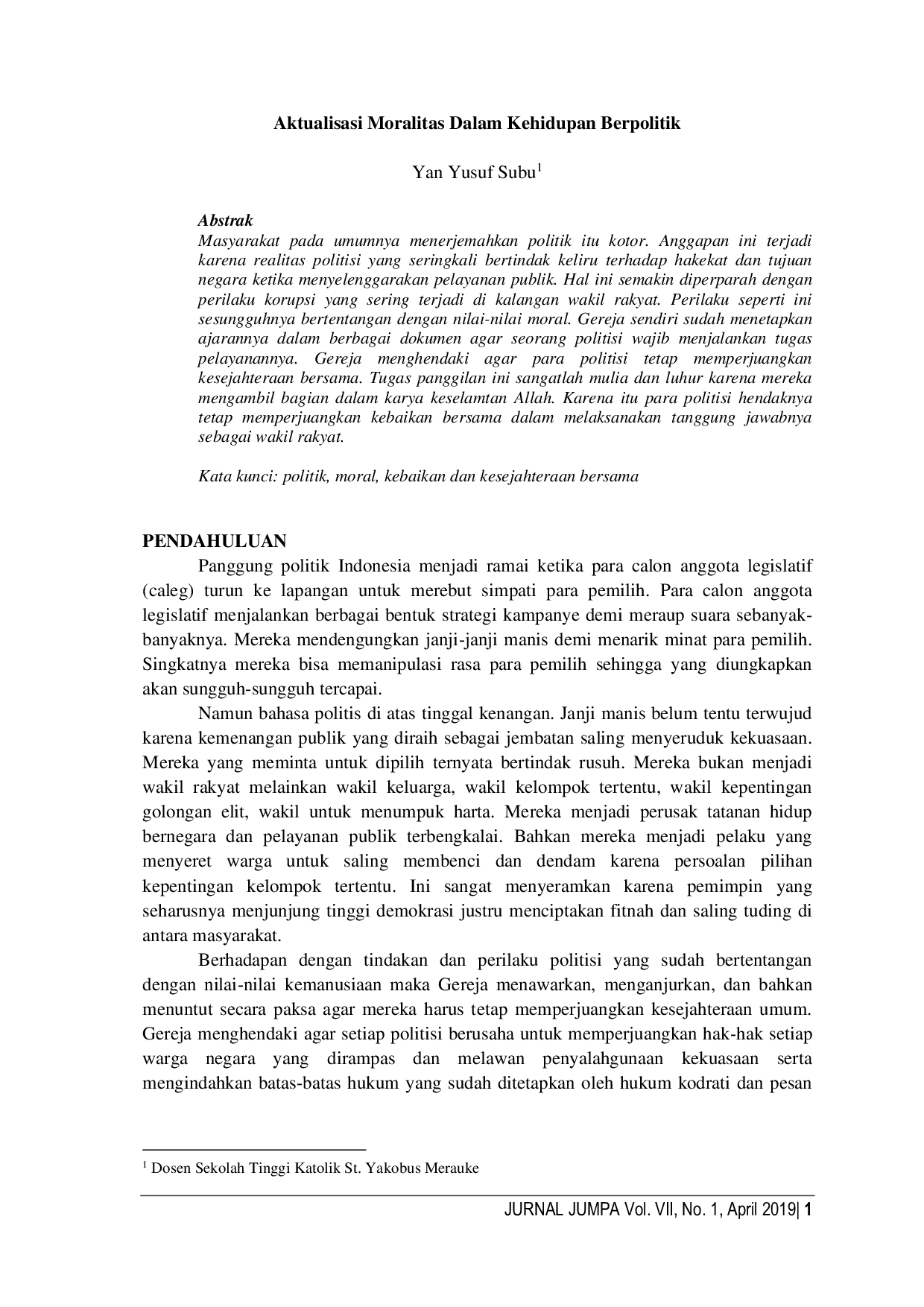 JURIS Aktualisasi Moralitas Dalam Kehidupan Berpolitik