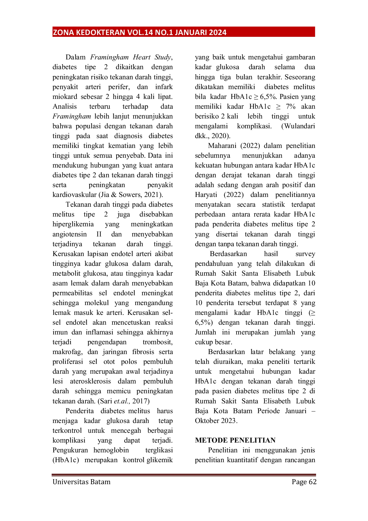 JURIS HUBUNGAN KADAR HbA1c DENGAN TEKANAN DARAH TINGGI PADA PASIEN DIABETES MELITUS TIPE 2 DI RUMAH SAKIT SANTA ELISABETH LUBUK BAJA KOTA BATAM PERIODE JANUARI OKTOBER 2023
