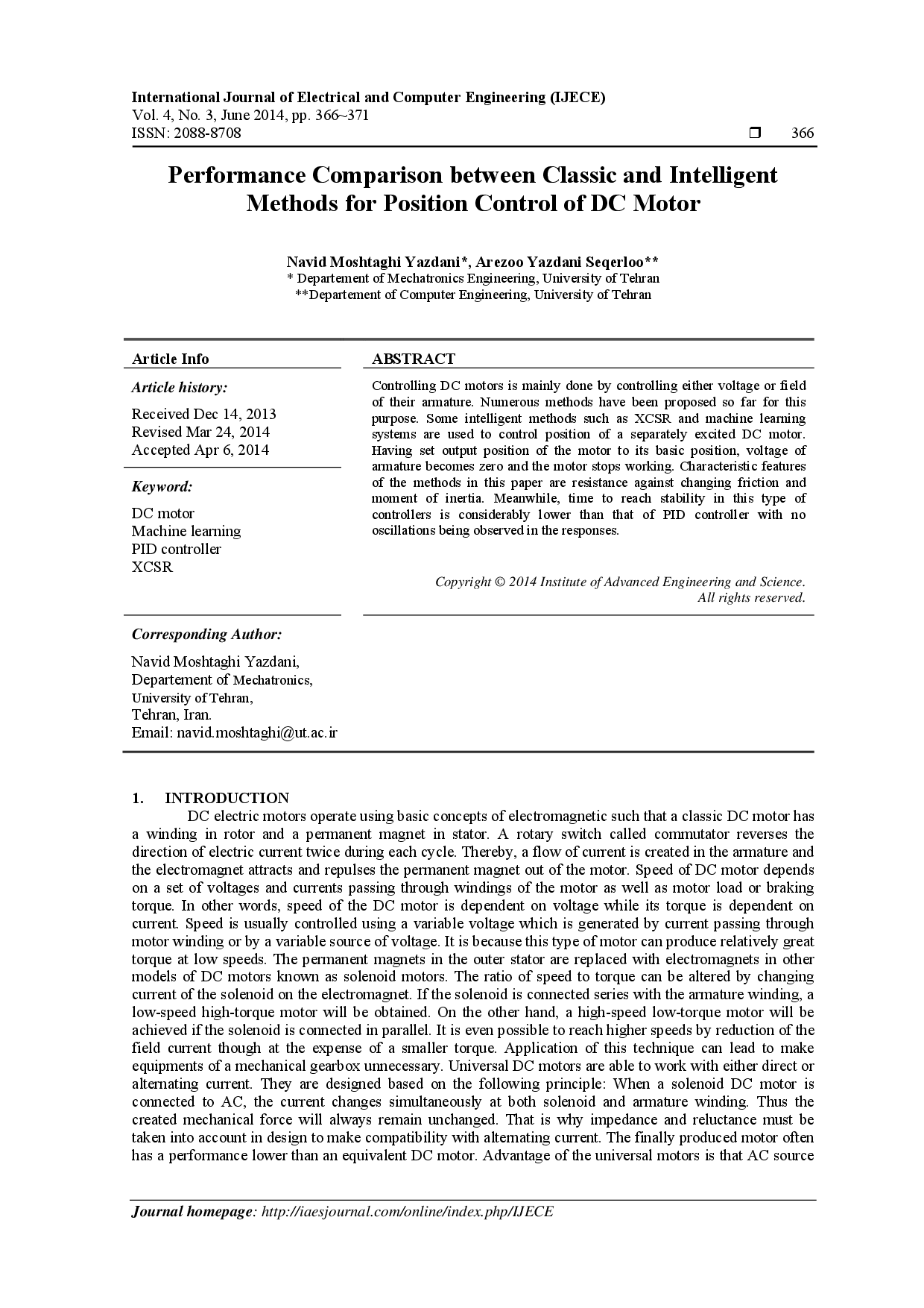 juris Performance Comparison between Classic and Intelligent Methods for Position Control of DC Motor