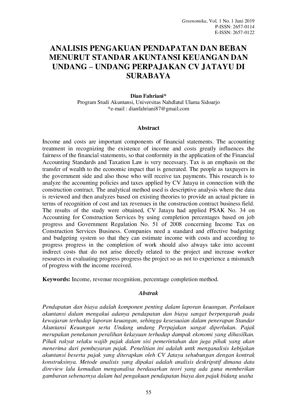 JURIS Dian Fahriani ANALISIS PENGAKUAN PENDAPATAN DAN BEBAN MENURUT STANDAR AKUNTANSI KEUANGAN DAN UNDANG UNDANG PERPAJAKAN CV JATAYU DI SURABAYA Program Studi Akuntansi Universitas Nahdlatul Ulama Sid