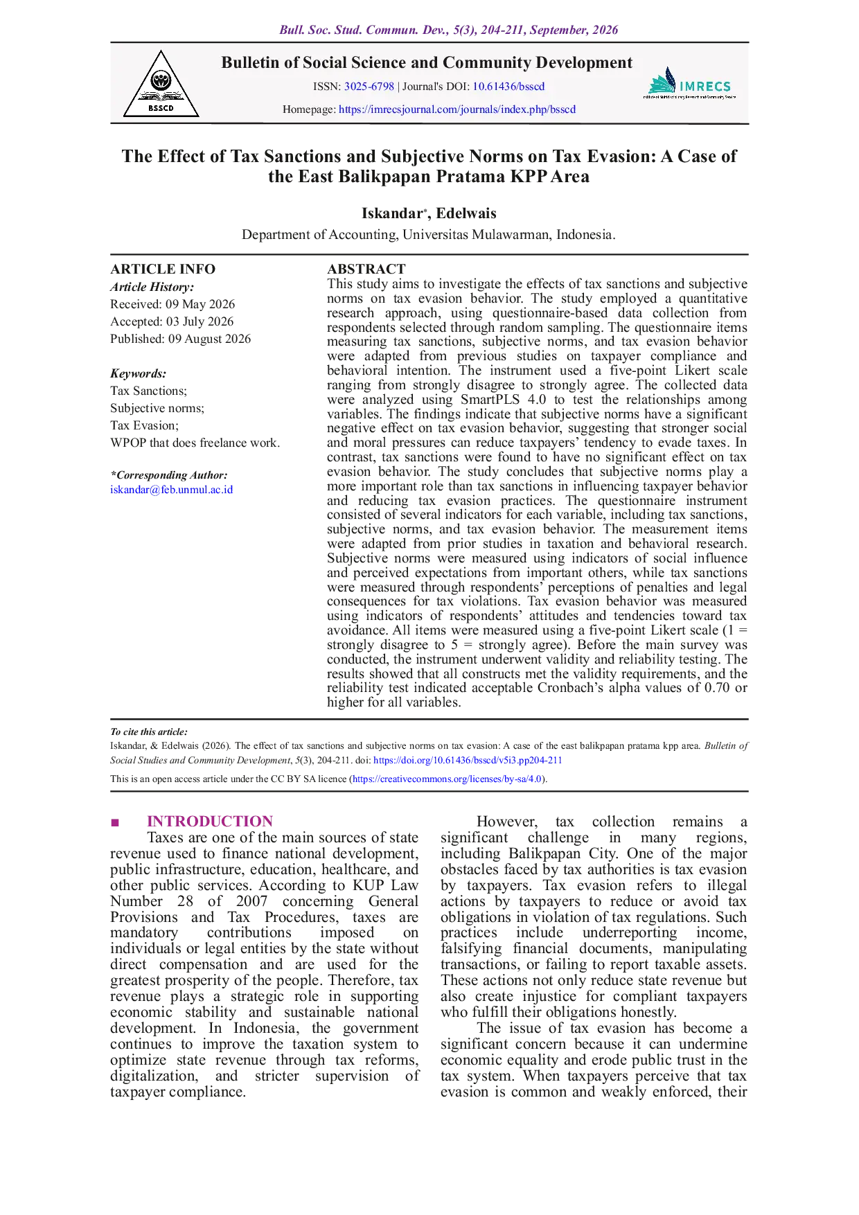 JURIS The Effect of Tax Sanctions and Subjective Norms on Tax Evasion A Case of the East Balikpapan Pratama KPP Area