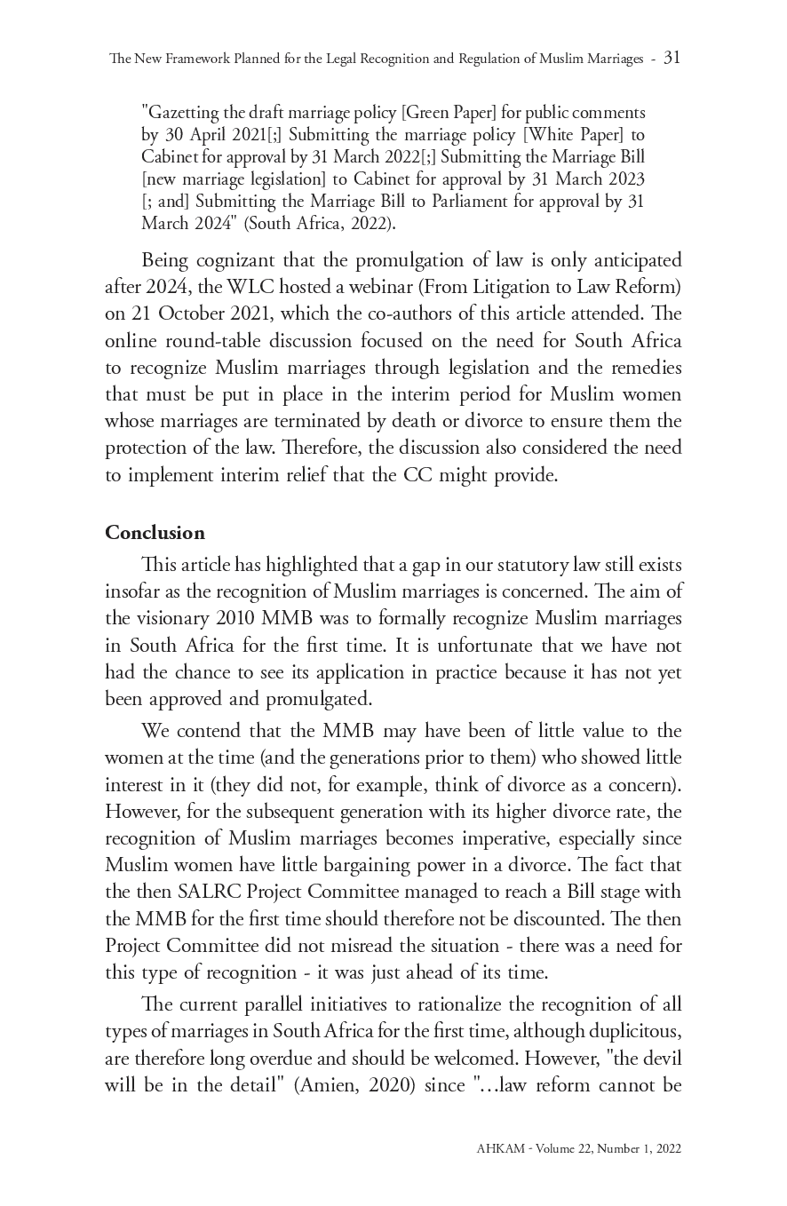 juris The New Framework Planned for the Legal Recognition and Regulation of Muslim Marriages in a Secular South Africa From Litigation to Law Reform