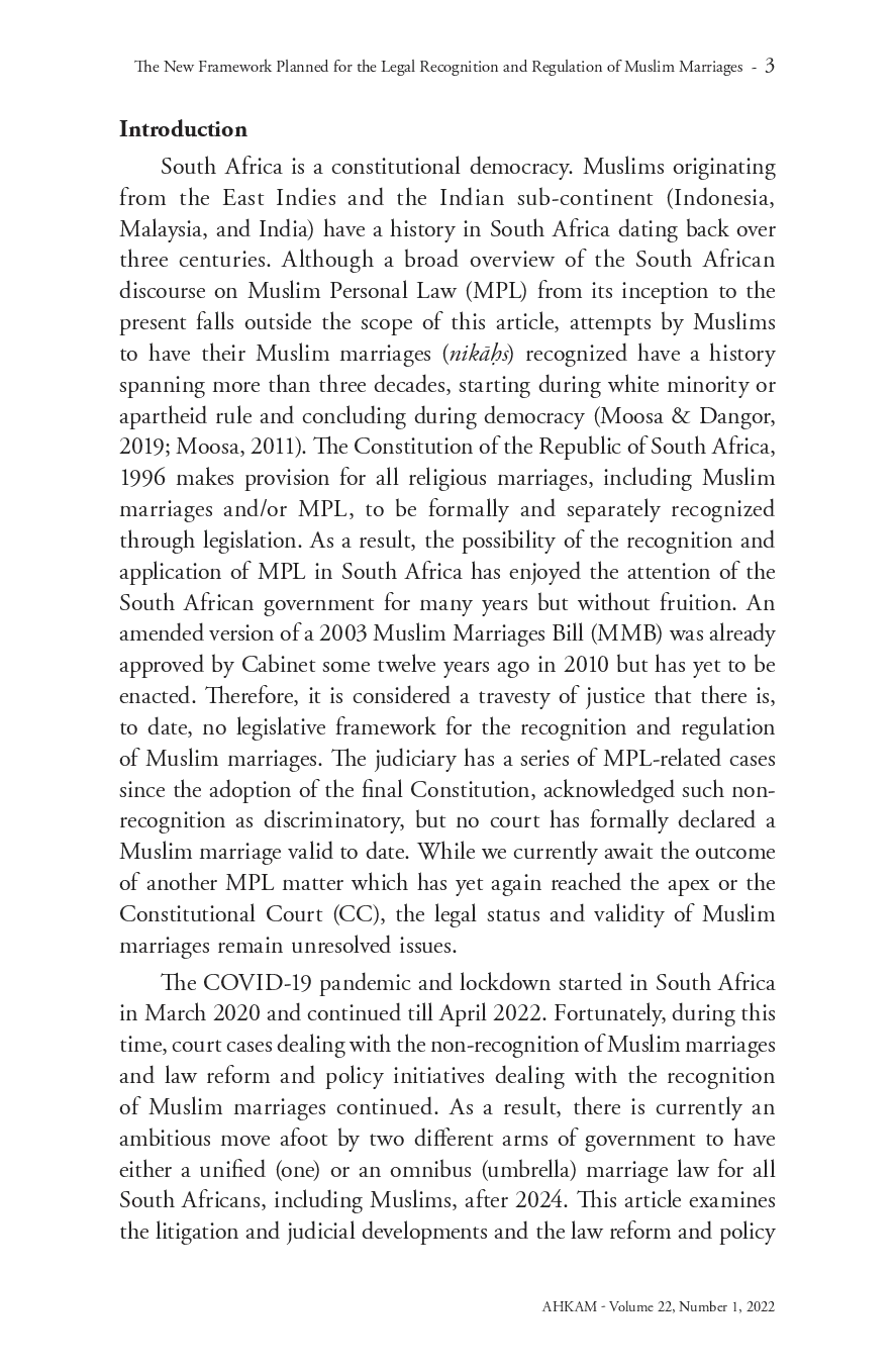 juris The New Framework Planned for the Legal Recognition and Regulation of Muslim Marriages in a Secular South Africa From Litigation to Law Reform