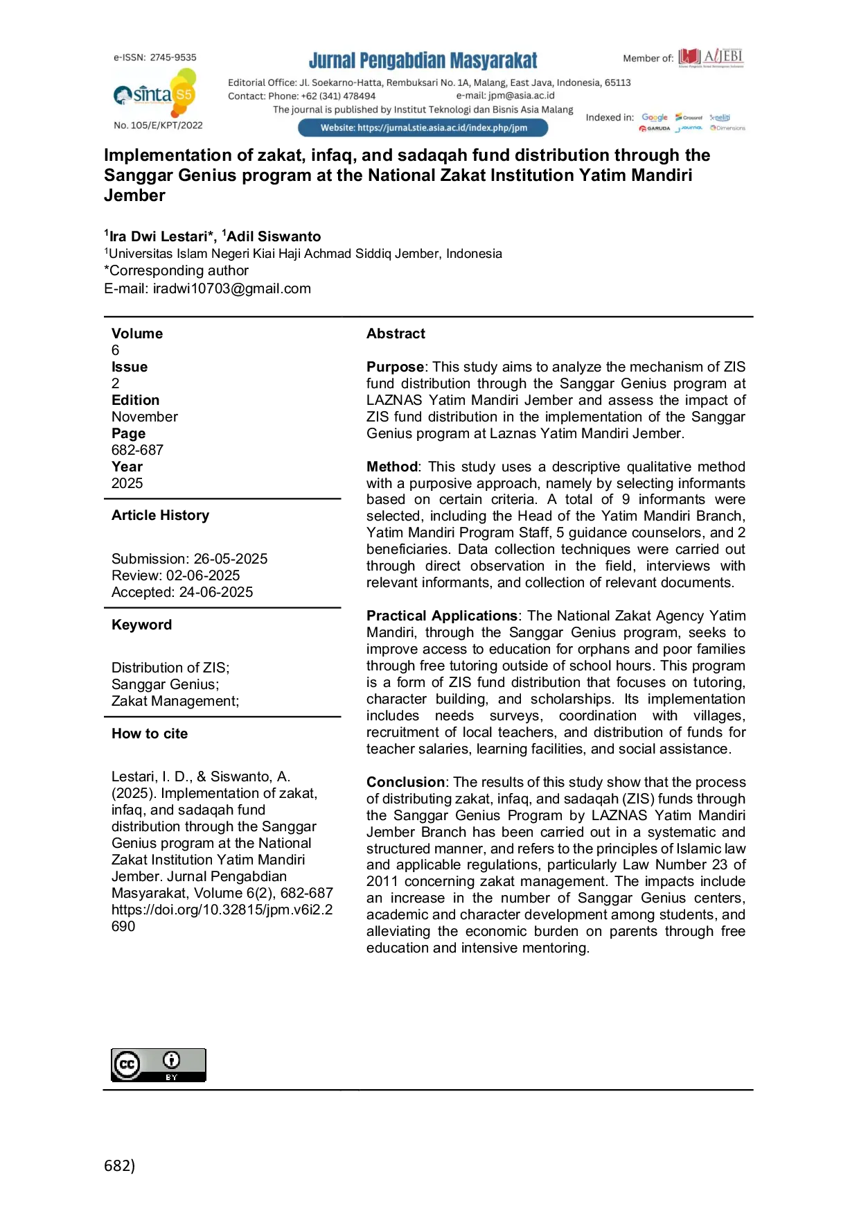 JURIS Implementation of zakat infaq and sadaqah fund distribution through the Sanggar Genius program at the National Zakat Institution Yatim Mandiri Jember