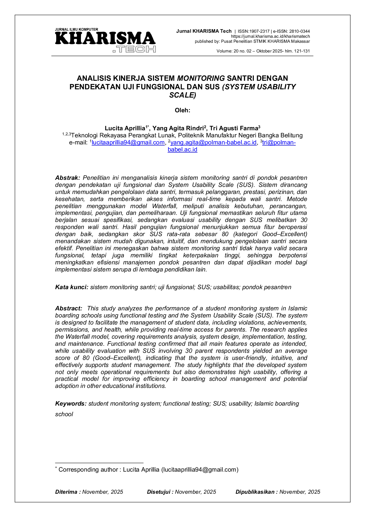 JURIS Analisis Kinerja Sistem Monitoring Santri Dengan Pendekatan Uji Fungsional Dan SUS System Usability Scale