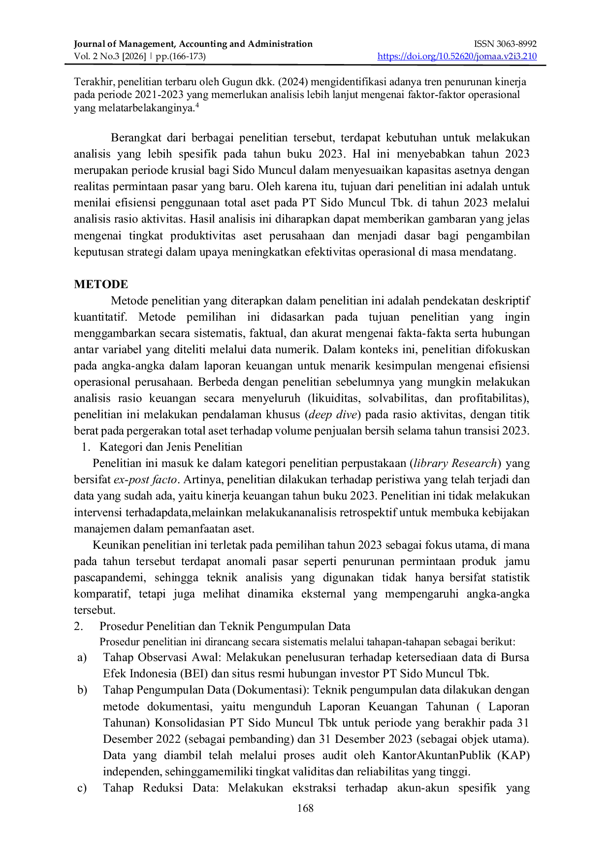 JURIS Analisis Rasio Aktivitas untuk Menilai Efisiensi Penggunaan Total Aset pada PT Sido Muncul Tbk Th 2023