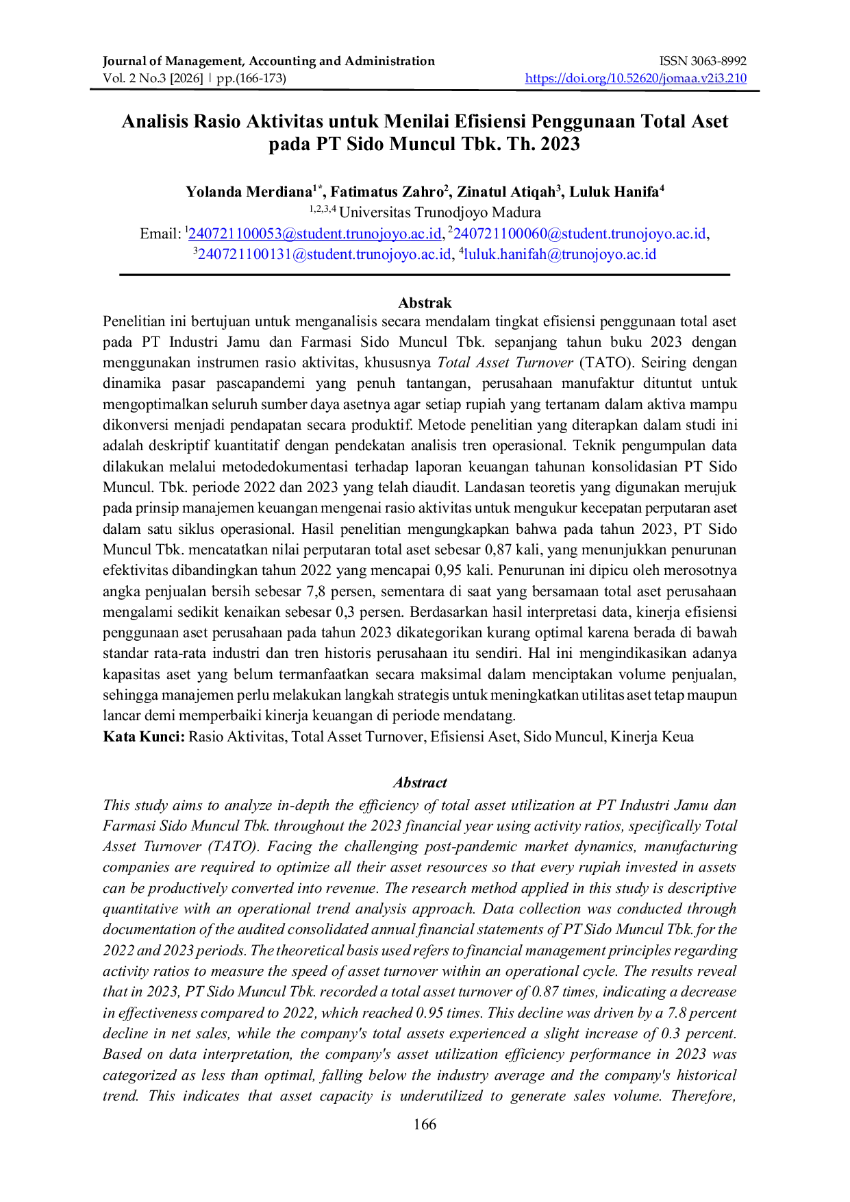 JURIS Analisis Rasio Aktivitas untuk Menilai Efisiensi Penggunaan Total Aset pada PT Sido Muncul Tbk Th 2023