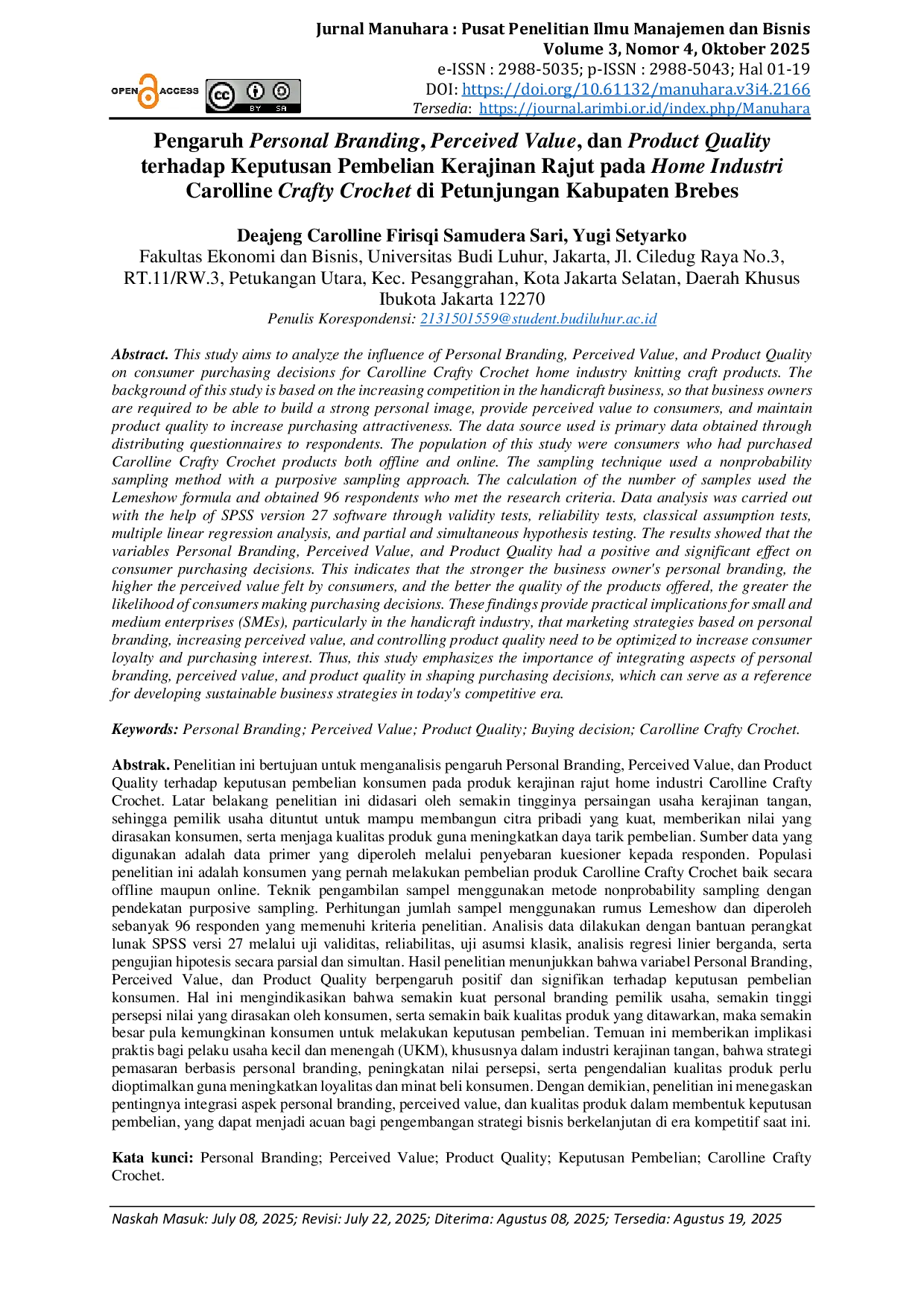 JURIS Pengaruh Personal Branding Perceived Value dan Product Quality terhadap Keputusan Pembelian Kerajinan Rajut pada Home Industri Carolline Crafty Crochet di Petunjungan Kabupaten Brebes