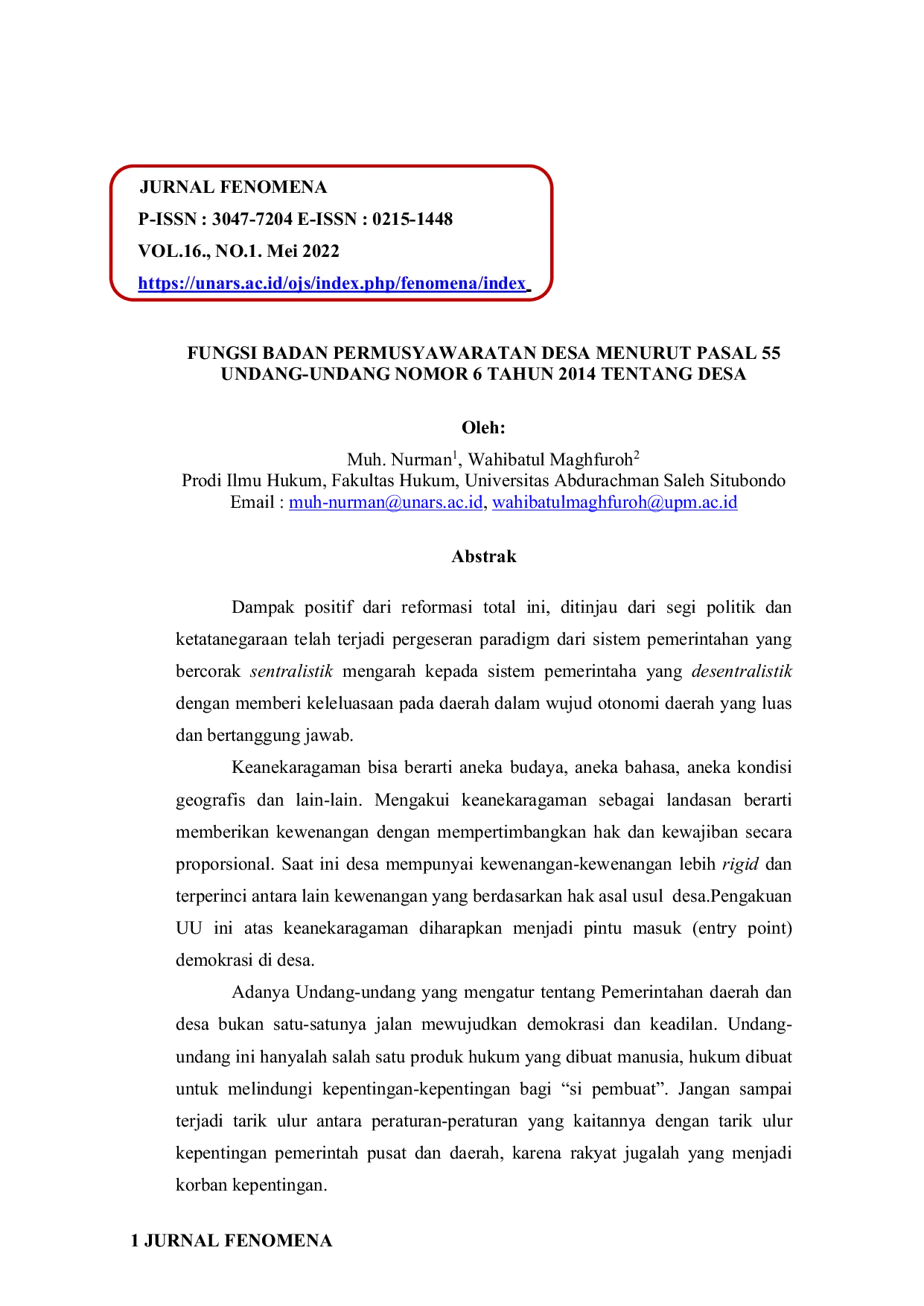 JURIS Fungsi Badan Permusyawaratan Desa Menurut Pasal 55 Undang Undang Nomor 6 Tahun 2014 Tentang Desa