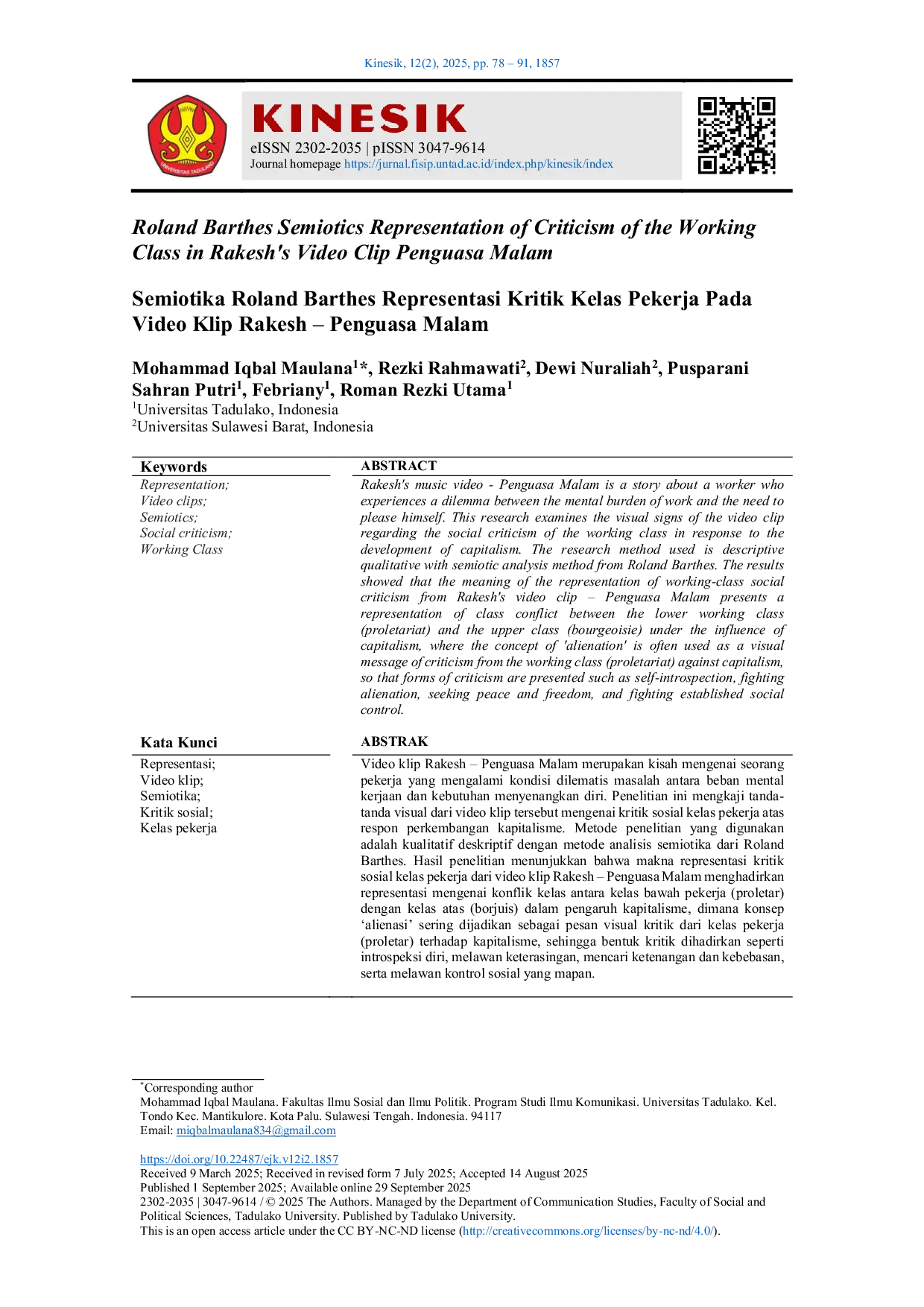 JURIS Roland Barthes Semiotics Representation of Criticism of the Working Class in Rakesh s Video Clip Penguasa Malam