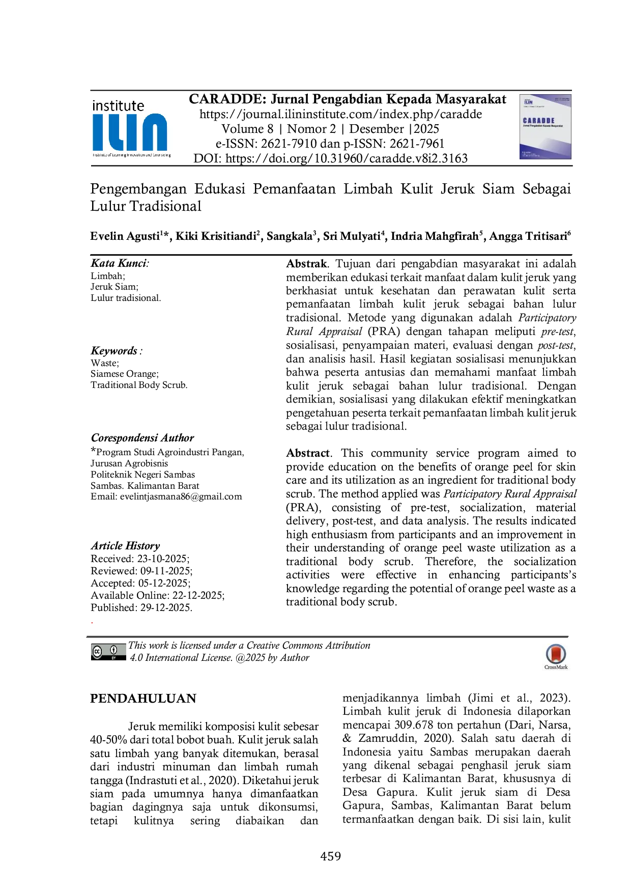 JURIS Pengembangan Edukasi Pemanfaatan Limbah Kulit Jeruk Siam Sebagai Lulur Tradisional