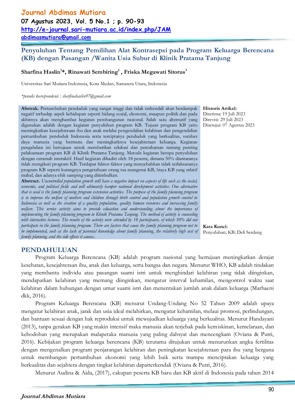 JURIS Penyuluhan Tentang Pemilihan Alat Kontrasepsi pada Program Keluarga Berencana KB dengan Pasangan Wanita Usia Subur di Klinik Pratama Tanjung