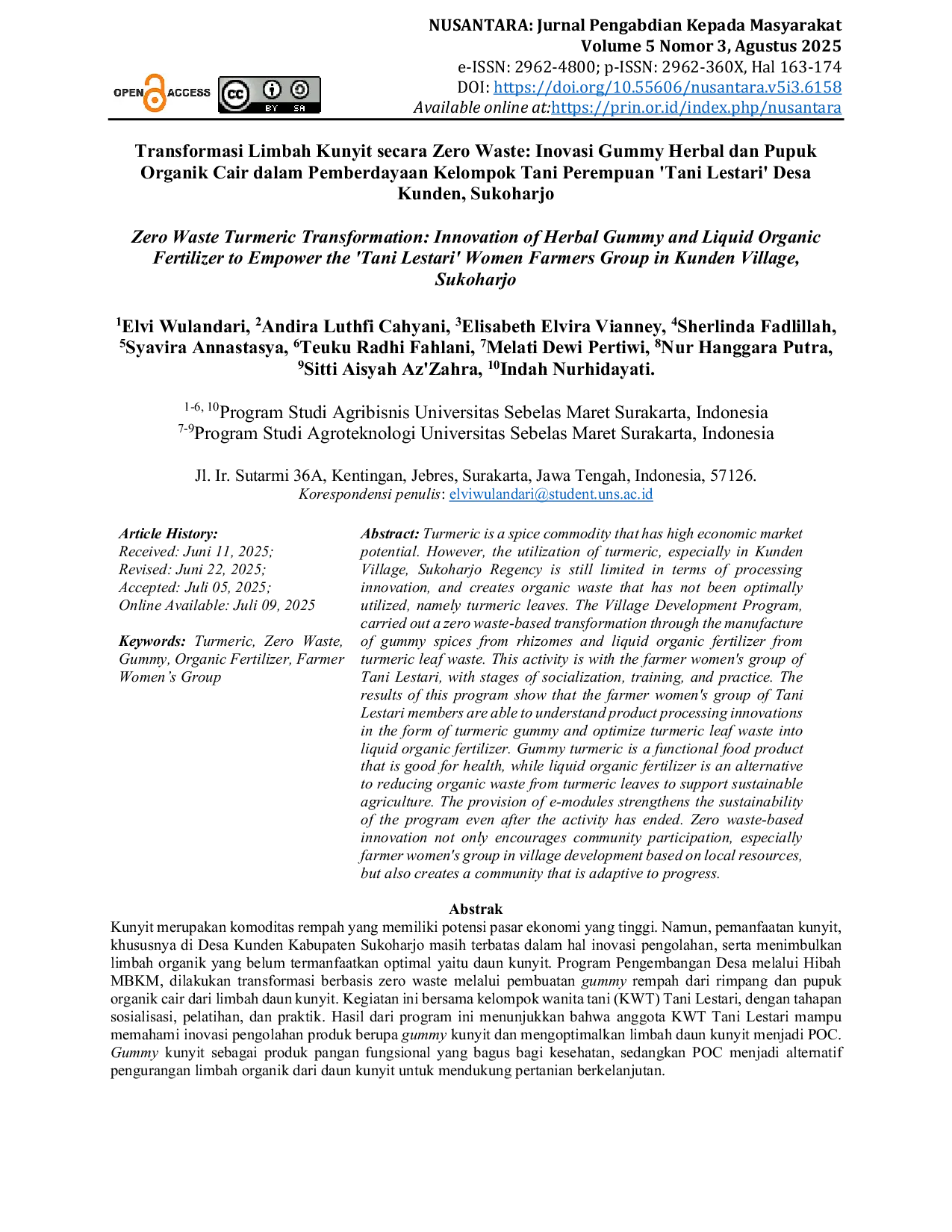 JURIS Transformasi Limbah Kunyit secara Zero Waste Inovasi Gummy Herbal dan Pupuk Organik Cair dalam Pemberdayaan Kelompok Tani Perempuan Tani Lestari Desa Kunden Sukoharjo