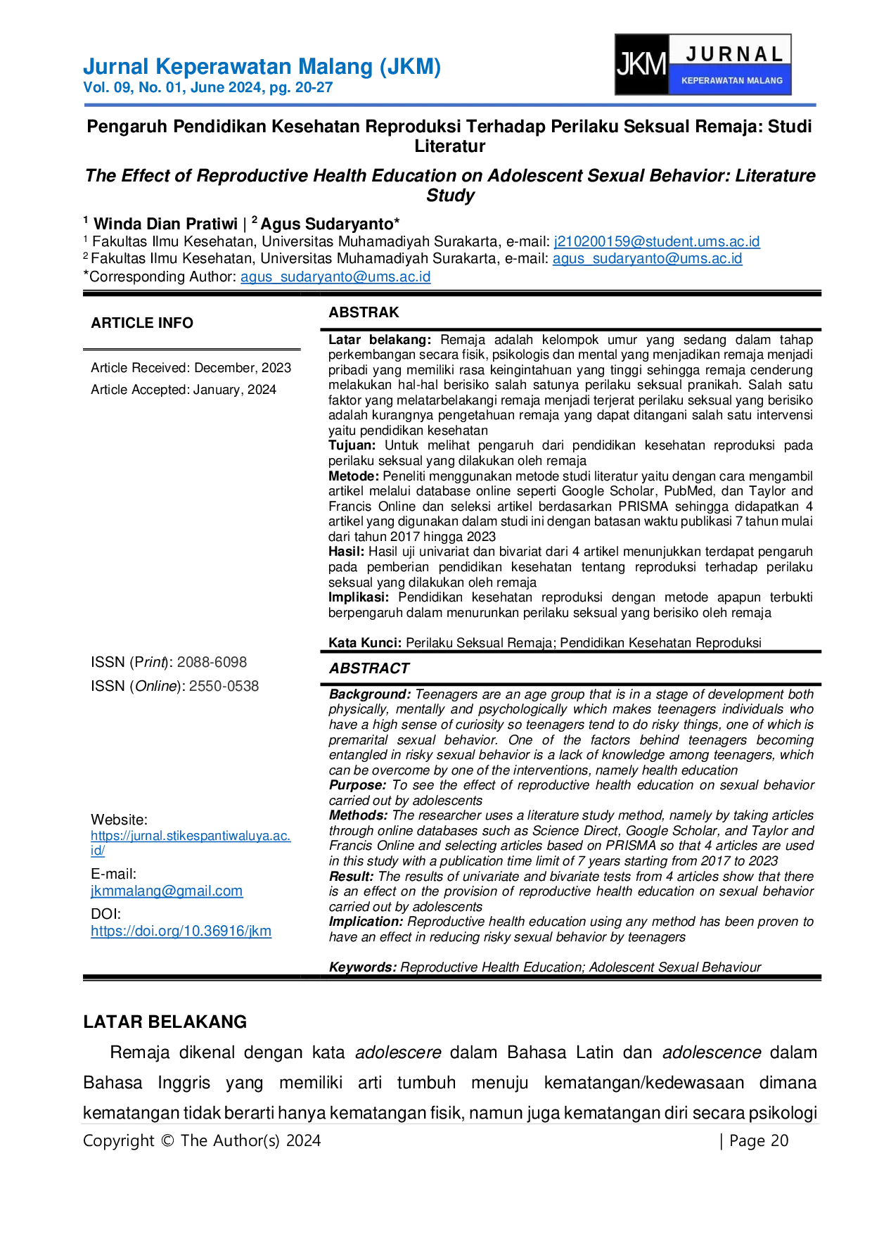 JURIS Pengaruh Pendidikan Kesehatan Reproduksi Terhadap Perilaku Seksual Remaja Studi Literatur
