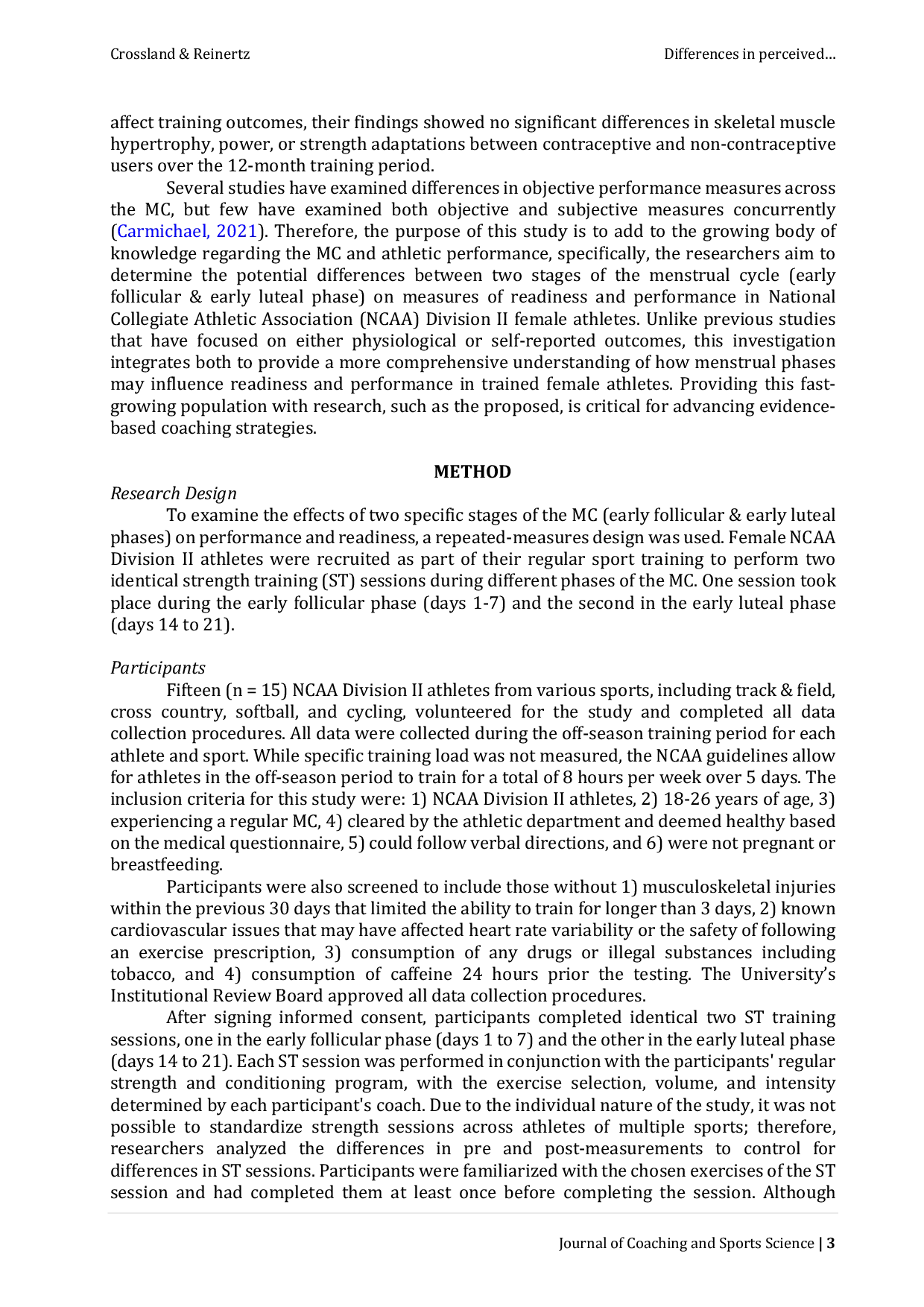 juris Differences in Perceived Readiness to Train Between Two Menstrual Cycle Phases in Female Athletes