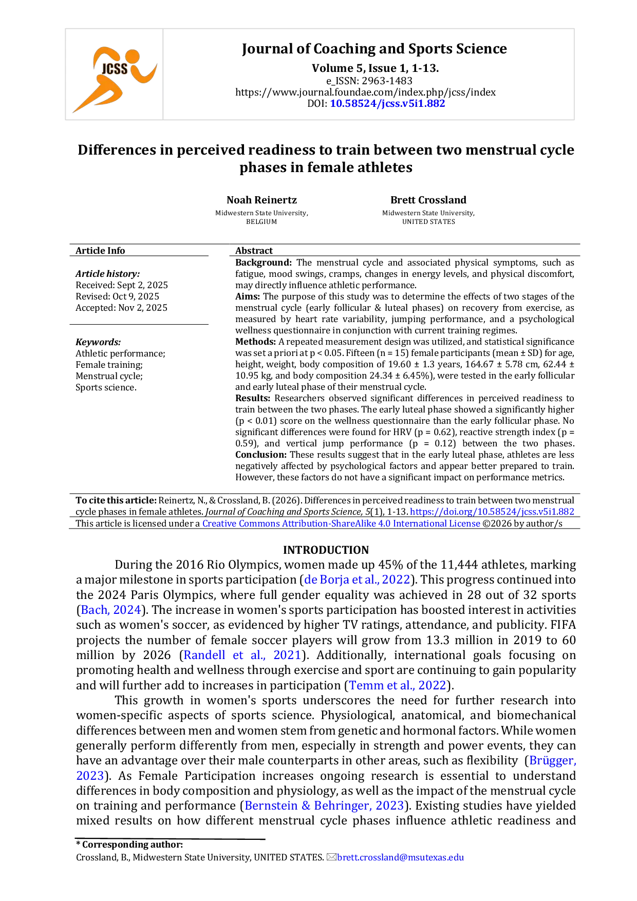 juris Differences in Perceived Readiness to Train Between Two Menstrual Cycle Phases in Female Athletes