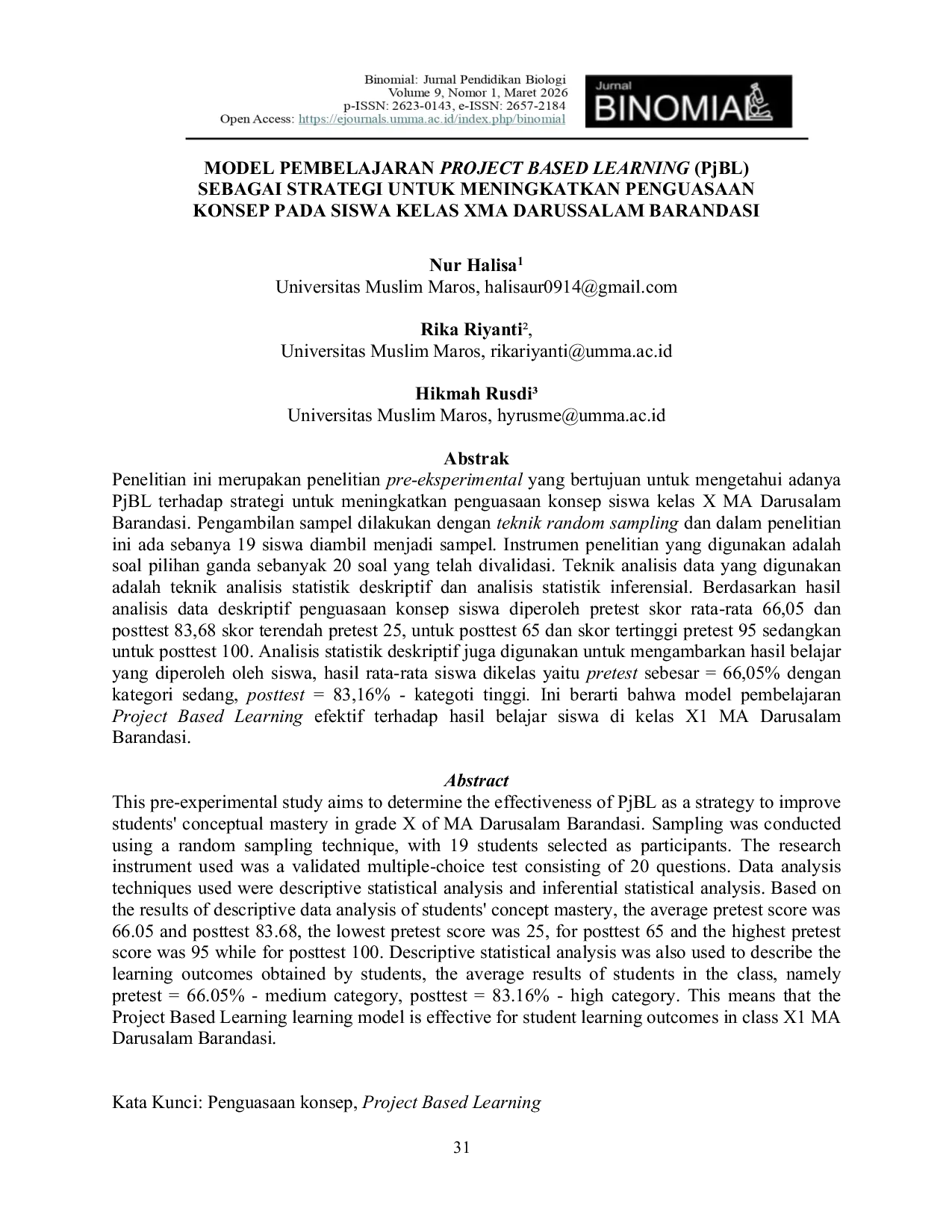 JURIS MODEL PEMBELAJARAN PROJECT BASED LEARNING PjBL SEBAGAI STRATEGI UNTUK MENINGKATKAN PENGUASAAN KONSEP PADA SISWA KELAS X MA DARUSSALAM BARANDASI