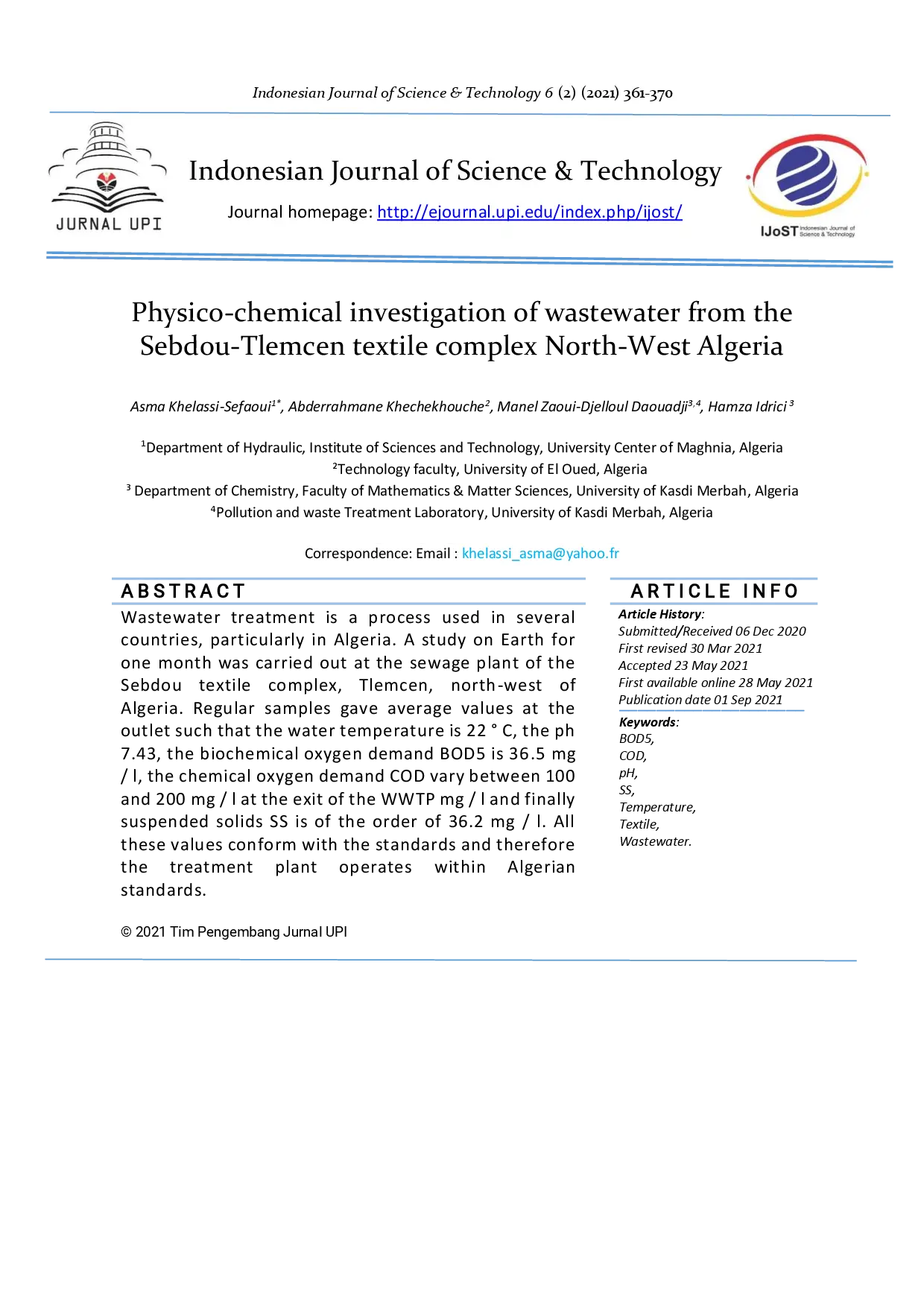 juris Physico chemical investigation of wastewater from the Sebdou Tlemcen textile complex North West Algeria