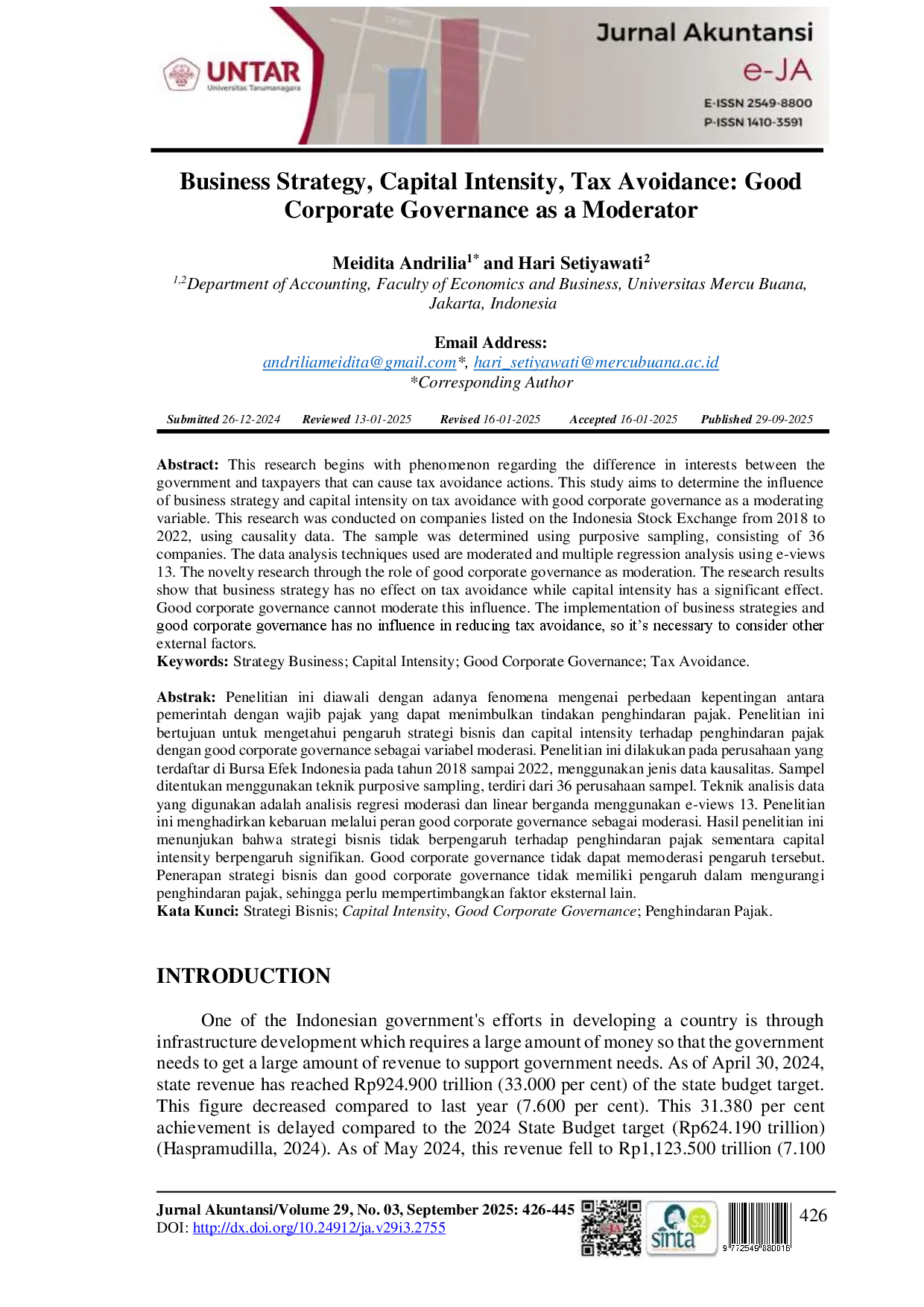 juris Business Strategy Capital Intensity Tax Avoidance Good Corporate Governance as a Moderator