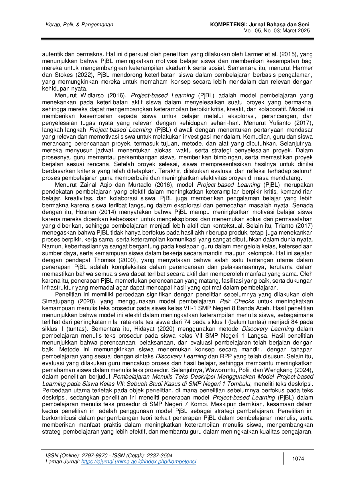 JURIS Penerapan Model Project based Learning dalam Pembelajaran Menulis Teks Prosedur Sebuah Studi pada Siswa Kelas VII di SMP Negeri 7 Kombi