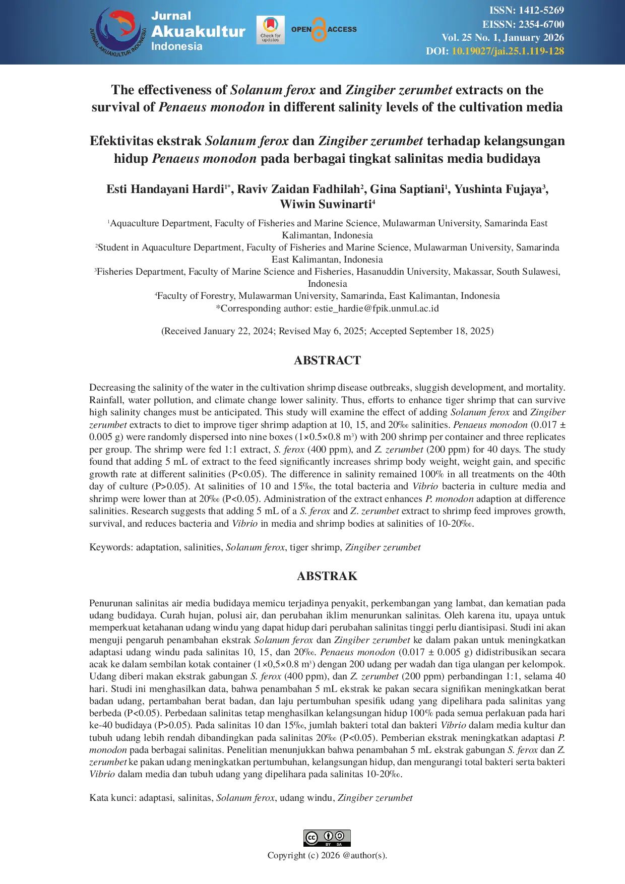 JURIS The effectiveness of Solanum ferox and Zingiber zerumbet extracts on the survival of Penaeus monodon in different salinity levels of the cultivation media